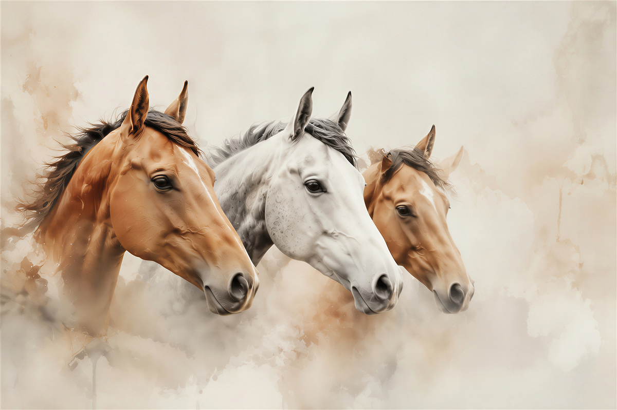 Fotobehang drie paarden aquarel in beige tinten voor de woonkamer