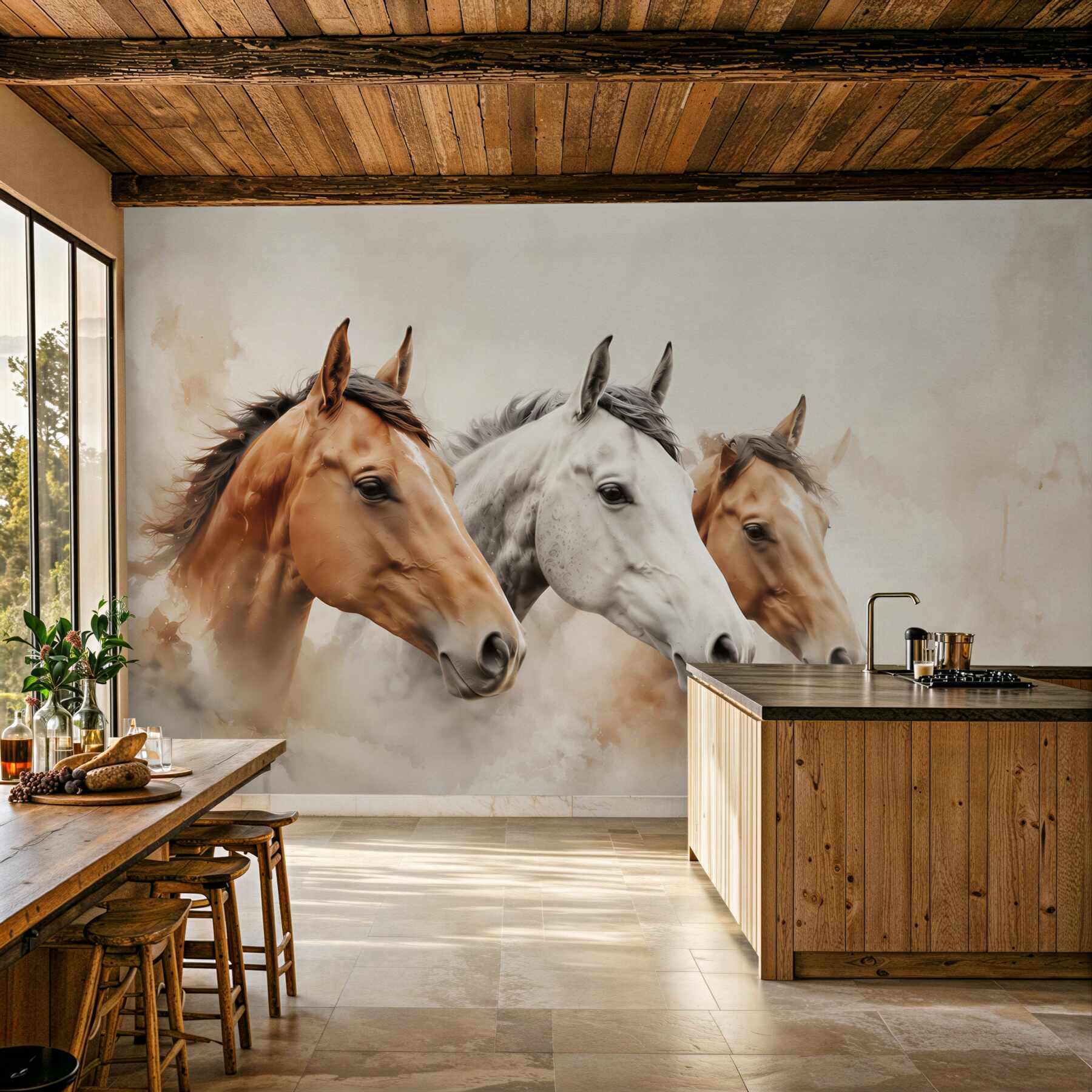Fotobehang drie paarden aquarel in beige tinten voor de woonkamer