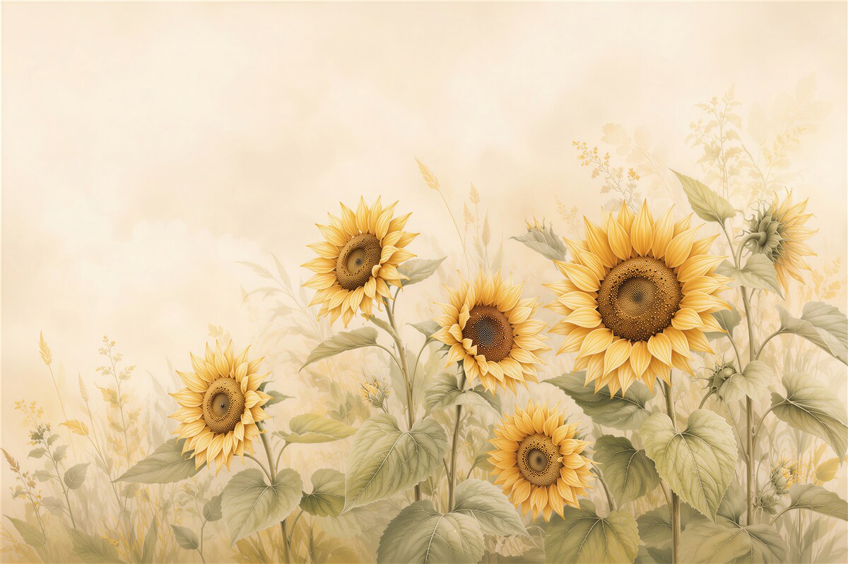 Fotobehang gele zonnebloemen op een beige achtergrond voor een gezellige ruimte