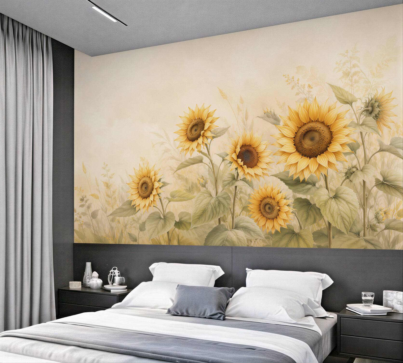 Fotobehang gele zonnebloemen op een beige achtergrond voor een gezellige ruimte