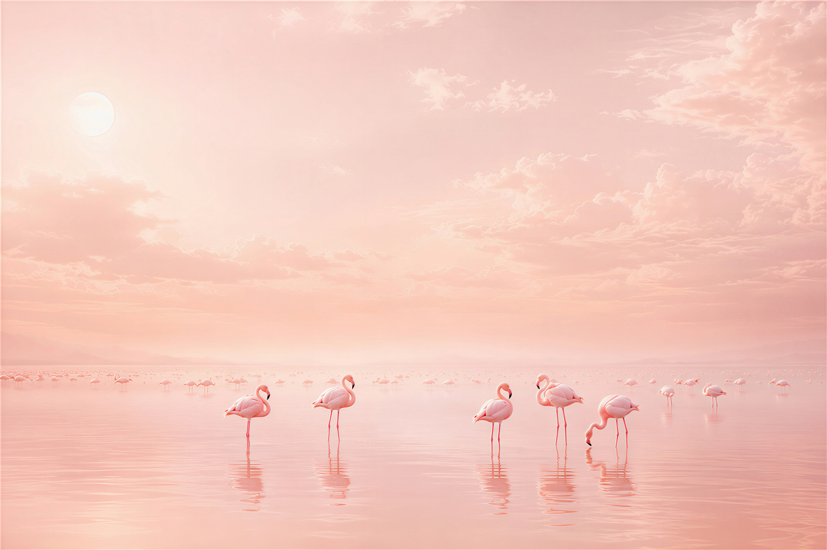 Fotobehang roze flamingo's op rustig water pastel