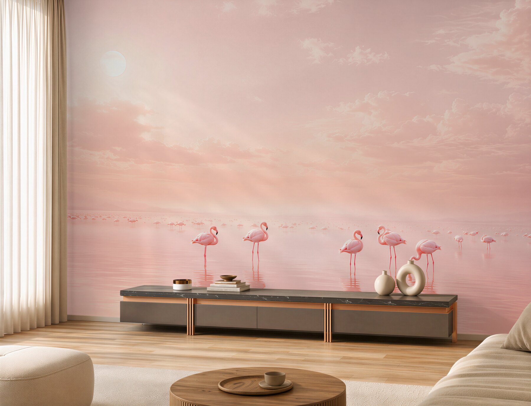 Fotobehang roze flamingo's op rustig water pastel