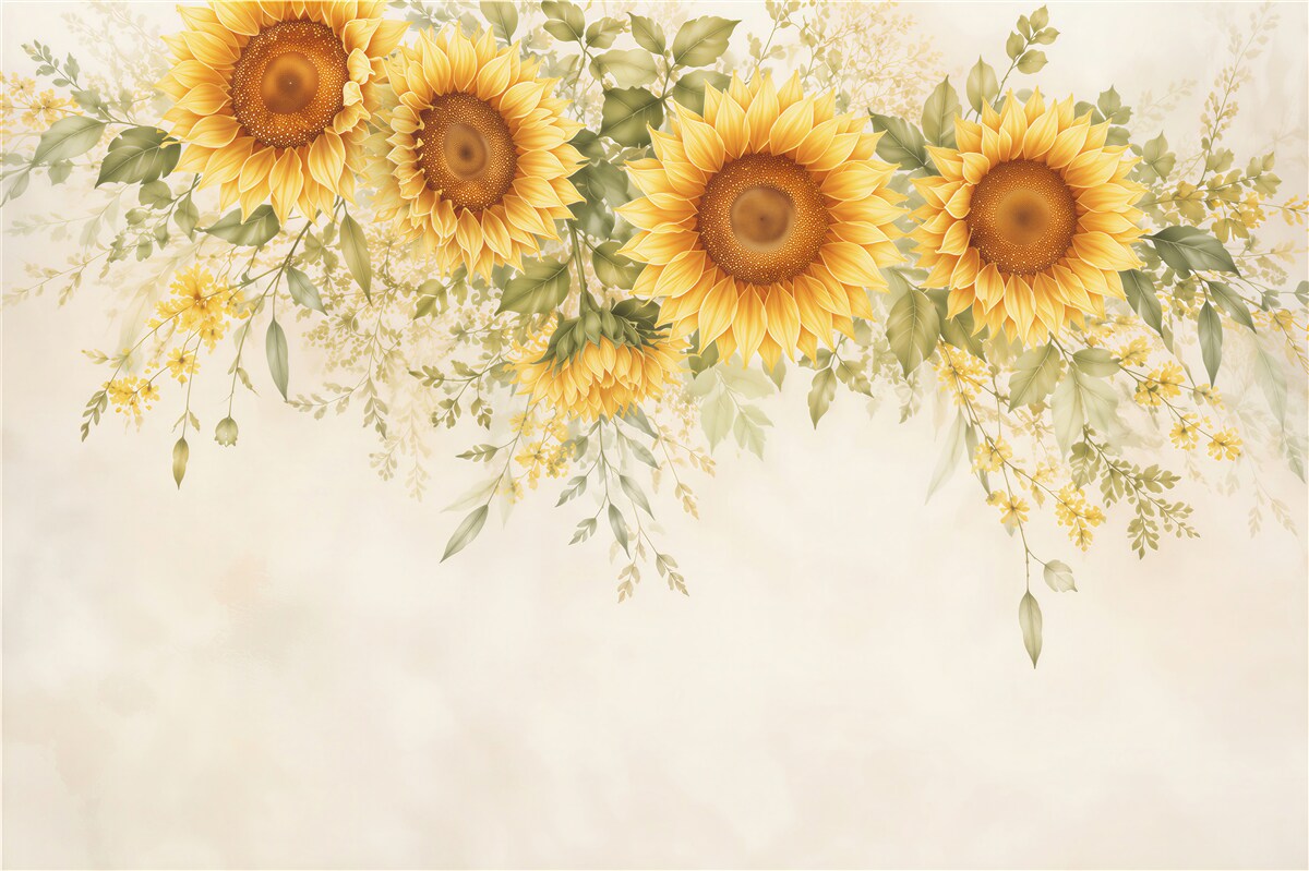Fotobehang zonnebloemen met groene bladeren op een lichte achtergrond