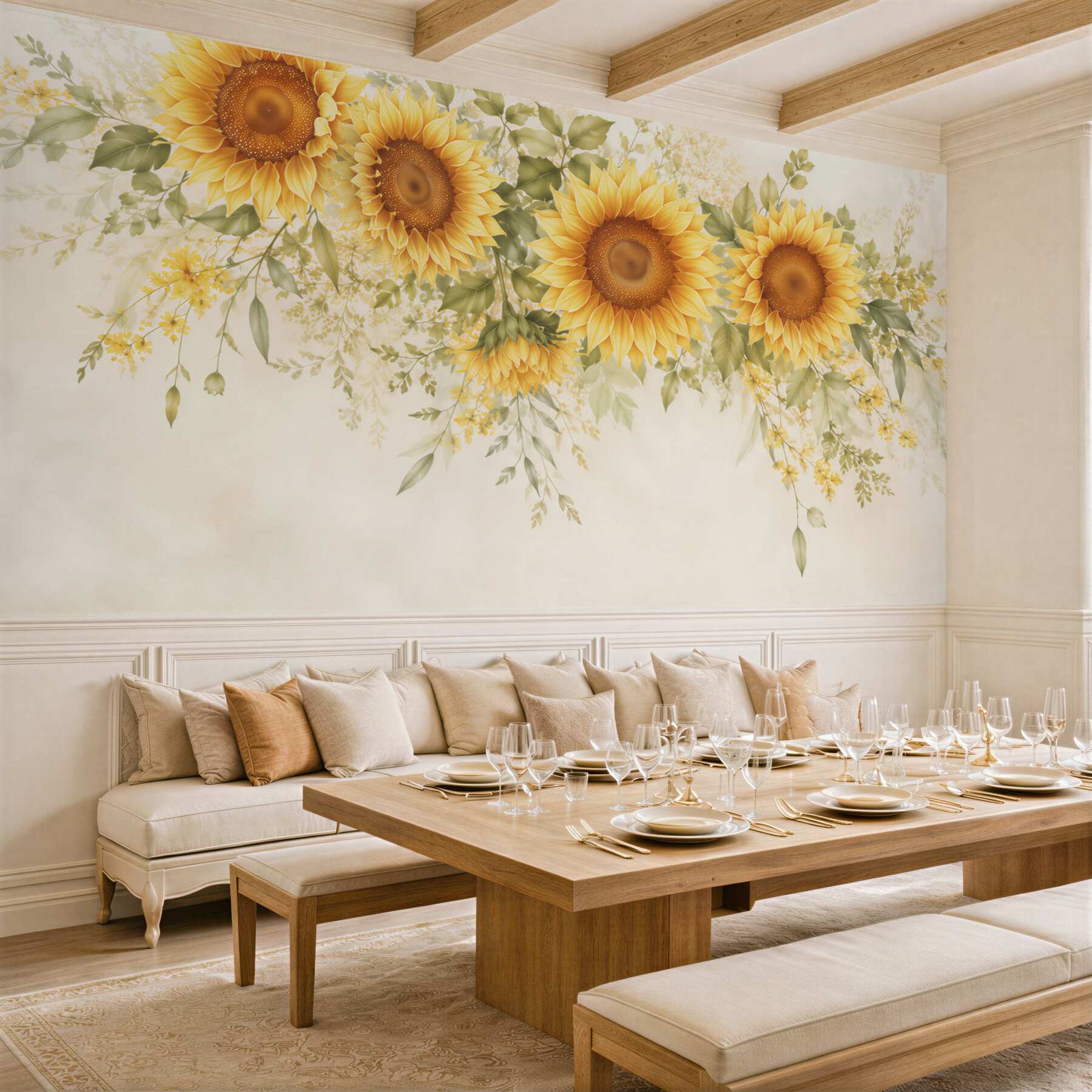 Fotobehang zonnebloemen met groene bladeren op een lichte achtergrond