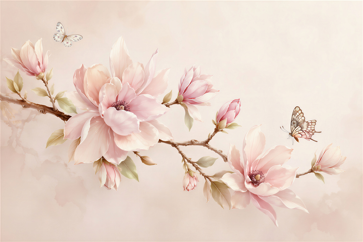 Fotobehang roze magnolia's met vlinders op een delicate beige achtergrond