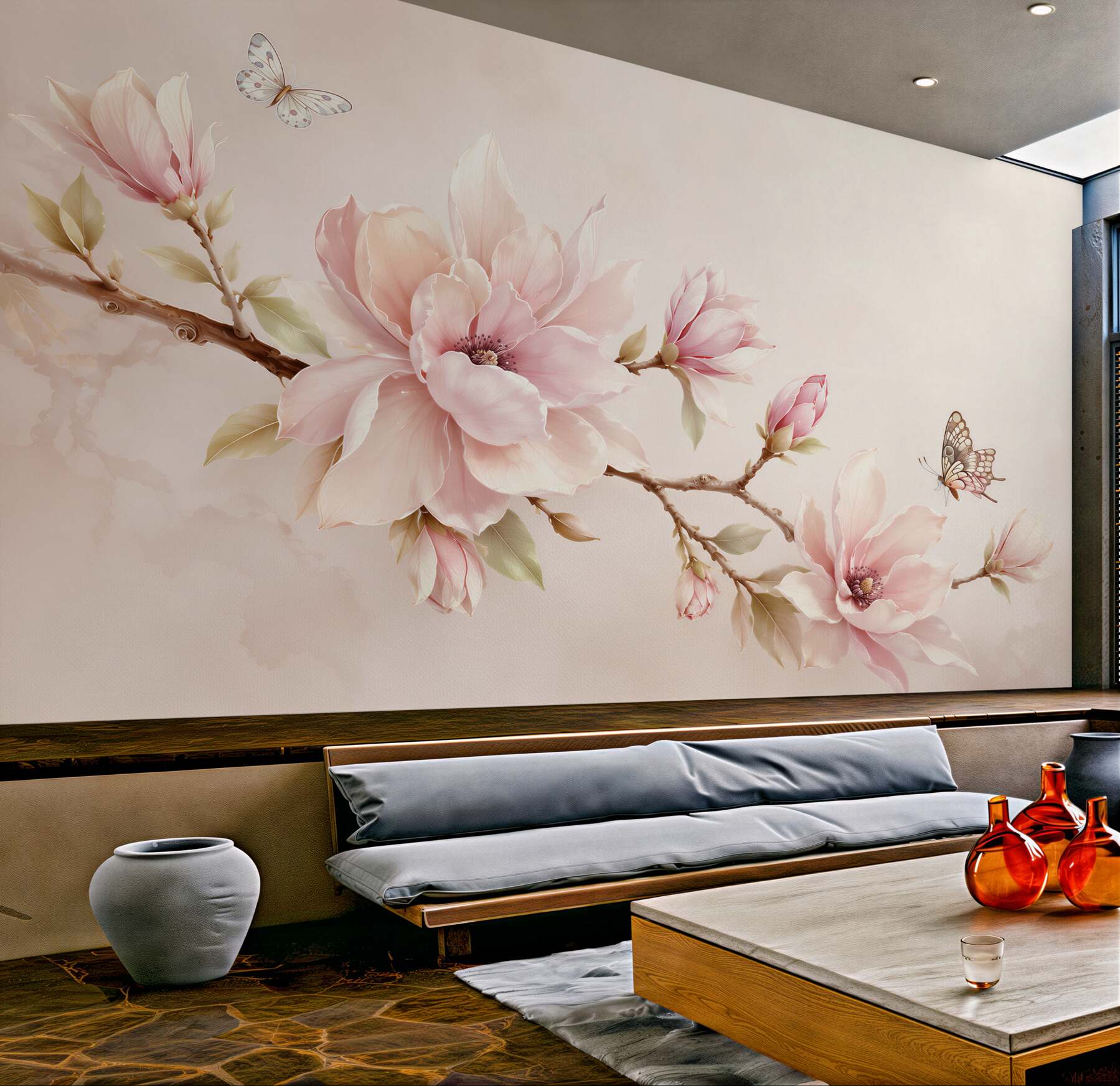 Fotobehang roze magnolia's met vlinders op een delicate beige achtergrond