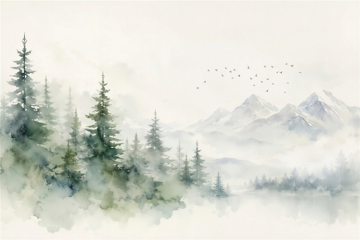 Fotobehang bergen in de mist met dennenbos aquarel