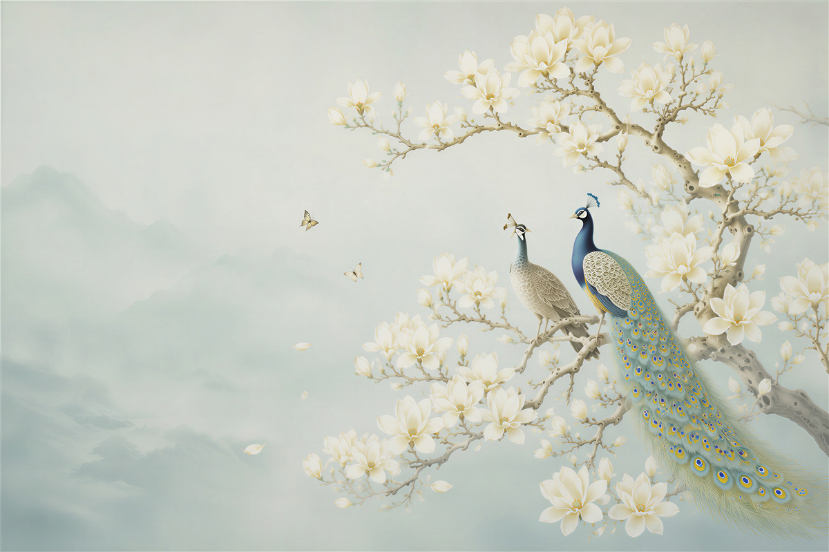 Fotobehang pauwen op een tak van magnolia oosters in heldere kleuren