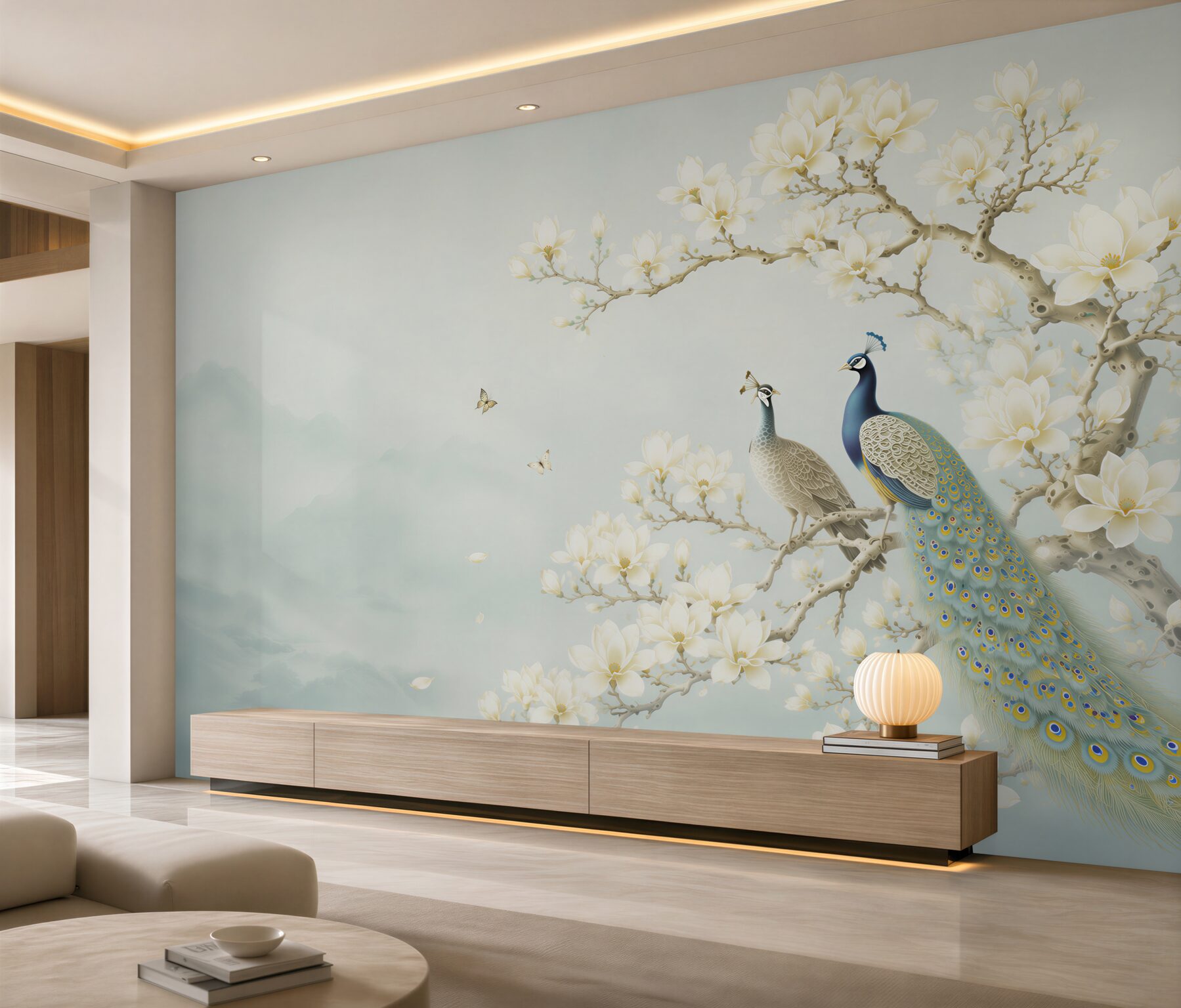 Fotobehang pauwen op een tak van magnolia oosters in heldere kleuren
