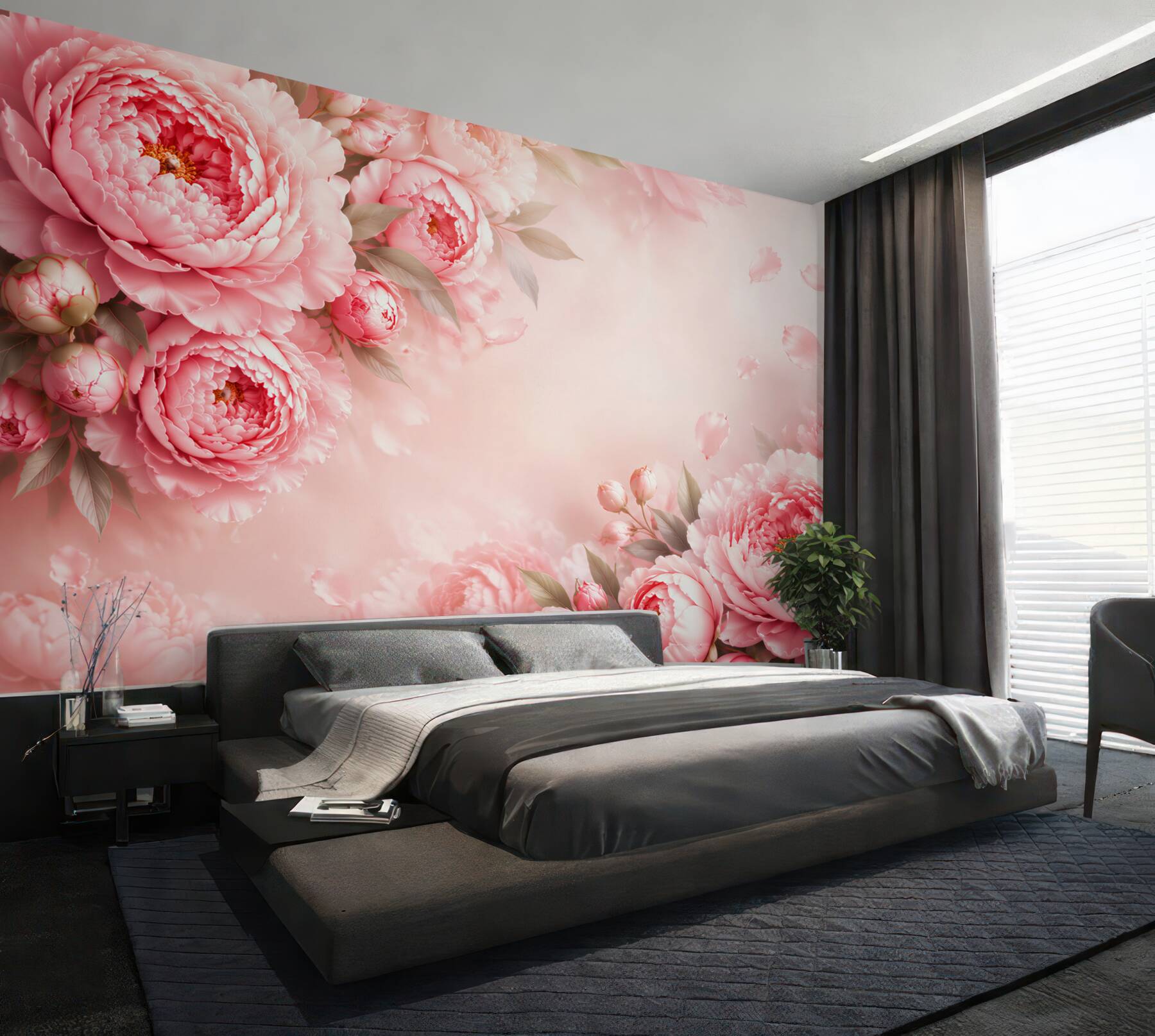 Fotobehang roze pioenrozen op een pastel achtergrond romantisch voor de slaapkamer