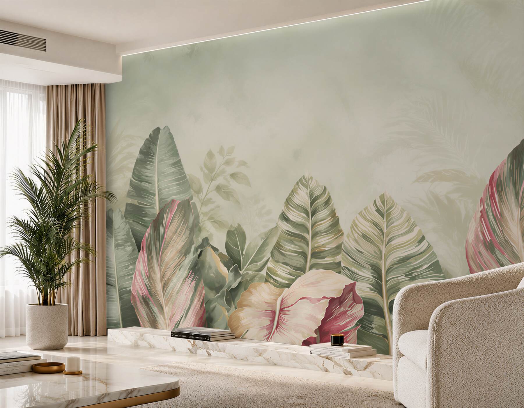 Fotobehang groene tropische bladeren met botanische roos voor de woonkamer
