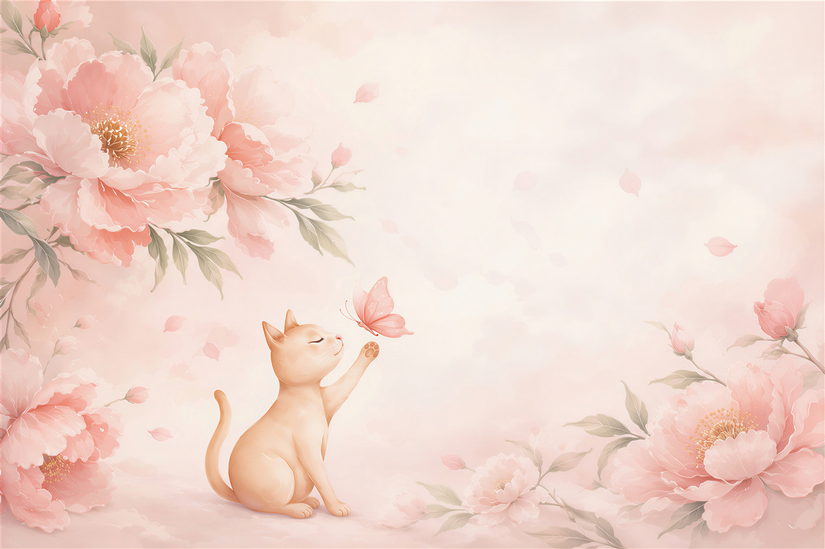 Fotobehang kitten met vlinder en pastel pioenen voor de kinderkamer
