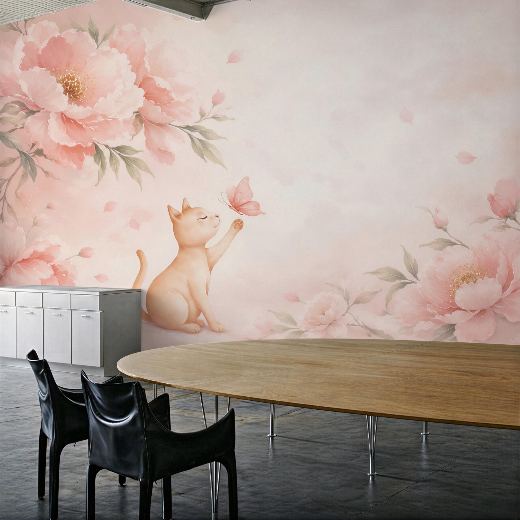 Fotobehang kitten met vlinder en pastel pioenen voor de kinderkamer