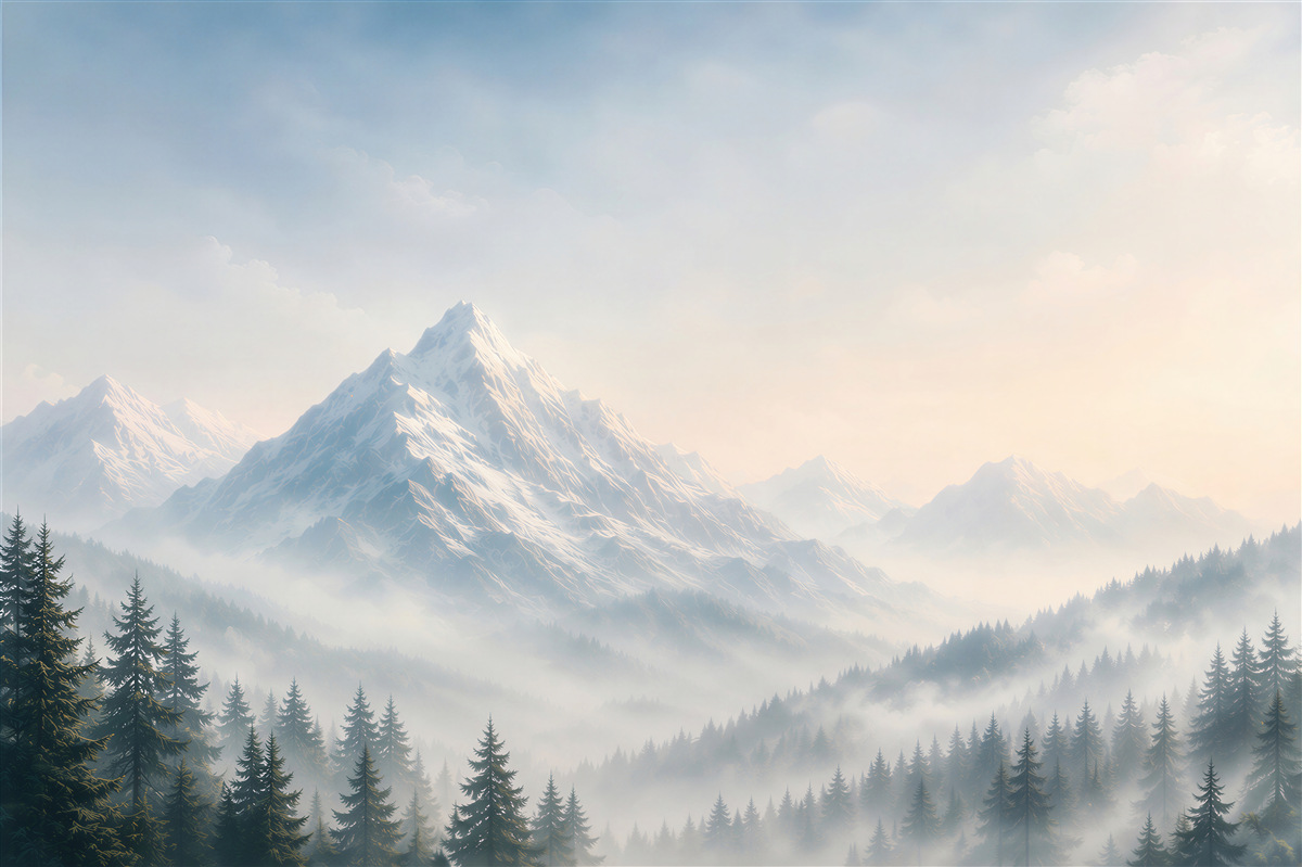 Fotobehang bergen in de mist en naaldwoud in rustige blauwtinten