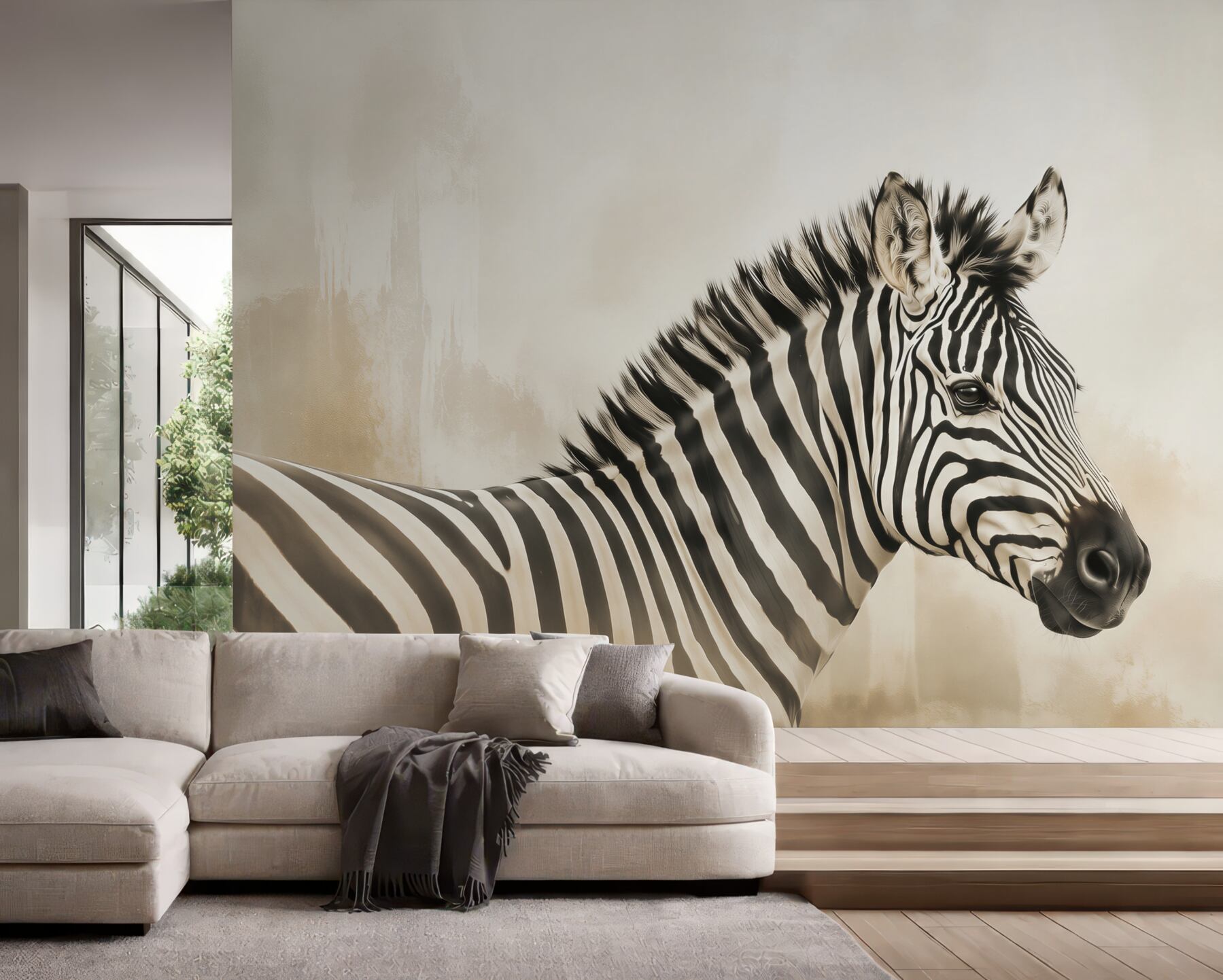 Fotobehang zwart-wit zebra portret op lichte achtergrond