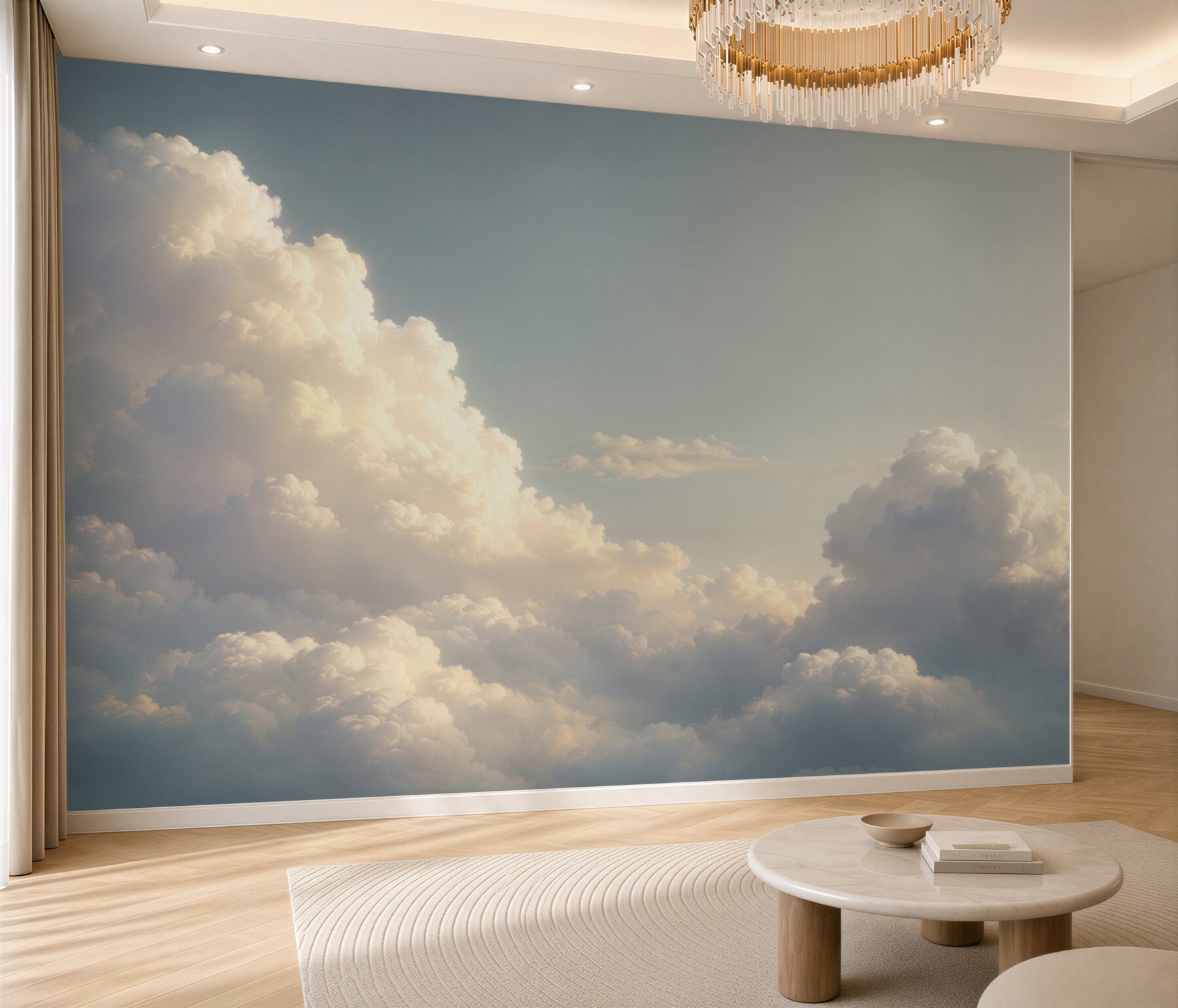 Fotobehang wolken in de zonnestralen helder en ontspannend voor de woonkamer