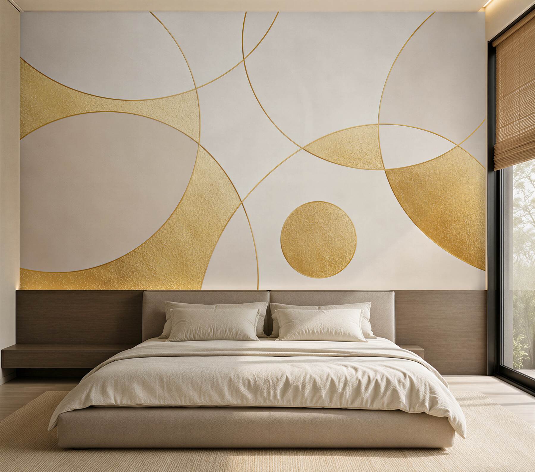 Fotobehang gouden geometrische cirkels op een crèmekleurige achtergrond elegant en modern