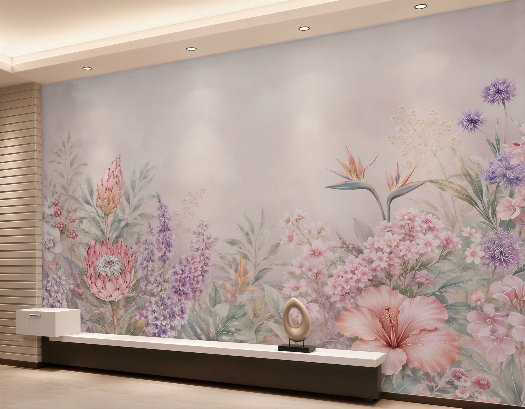Fotobehang exotische pastelbloemen op beige achtergrond romantisch