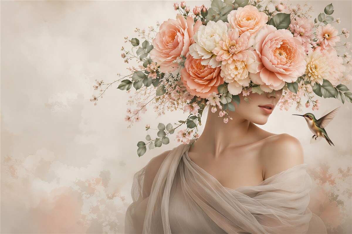 Fotobehang vrouw in bloemen met kolibrie pastel voor de slaapkamer