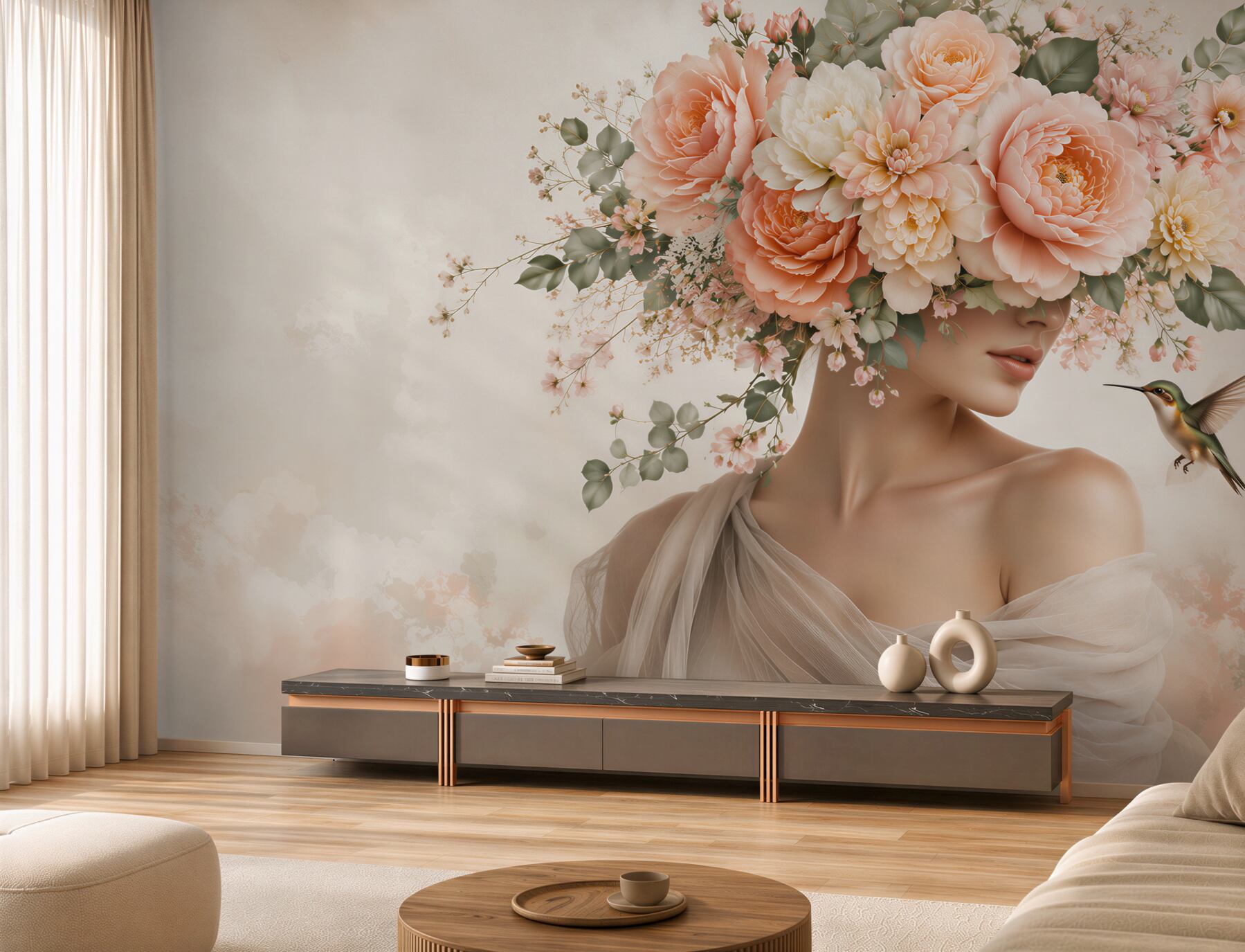 Fotobehang vrouw in bloemen met kolibrie pastel voor de slaapkamer