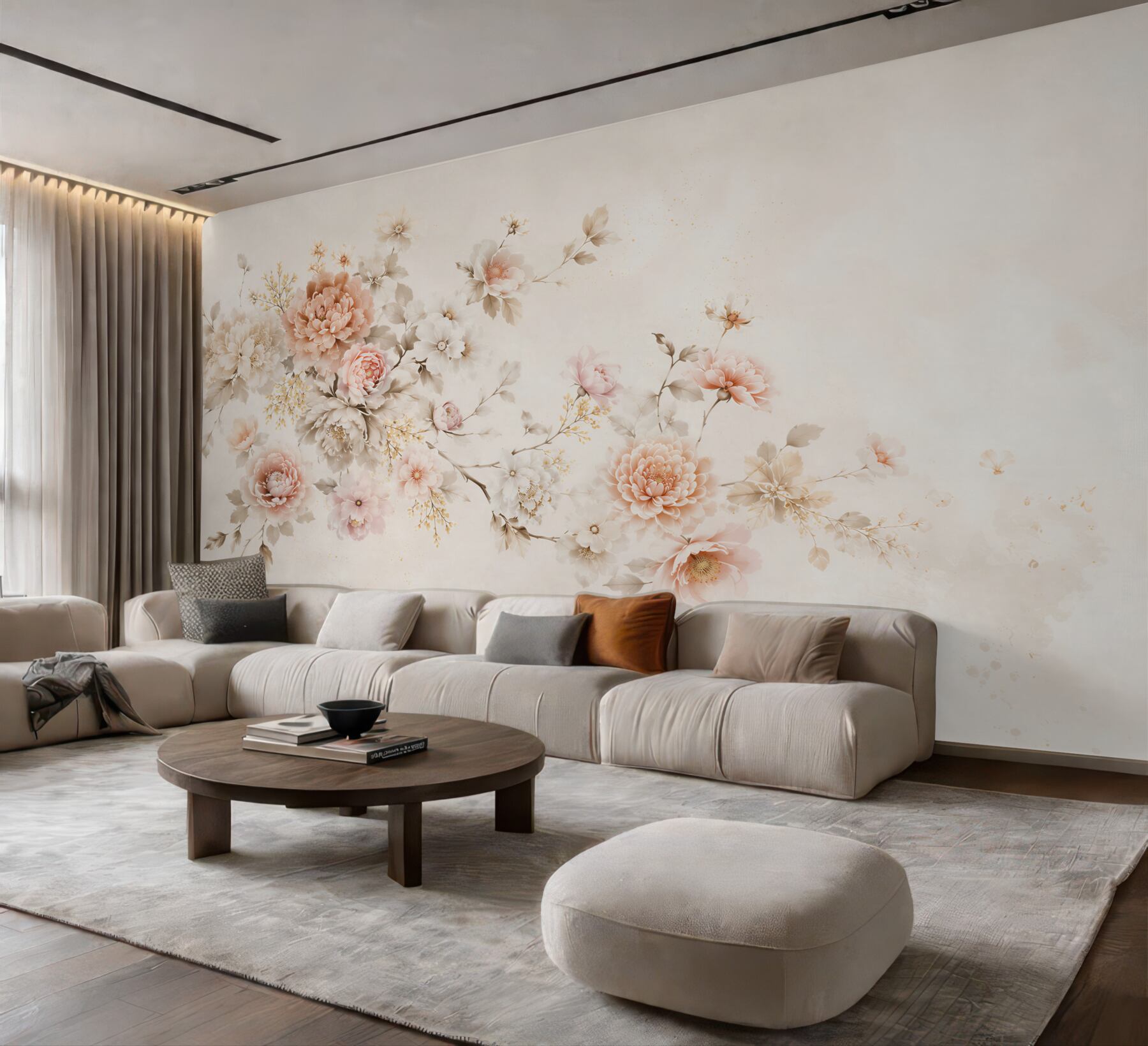 Fotobehang delicate bloemen van pioenroos beige en roze op een lichte achtergrond elegant