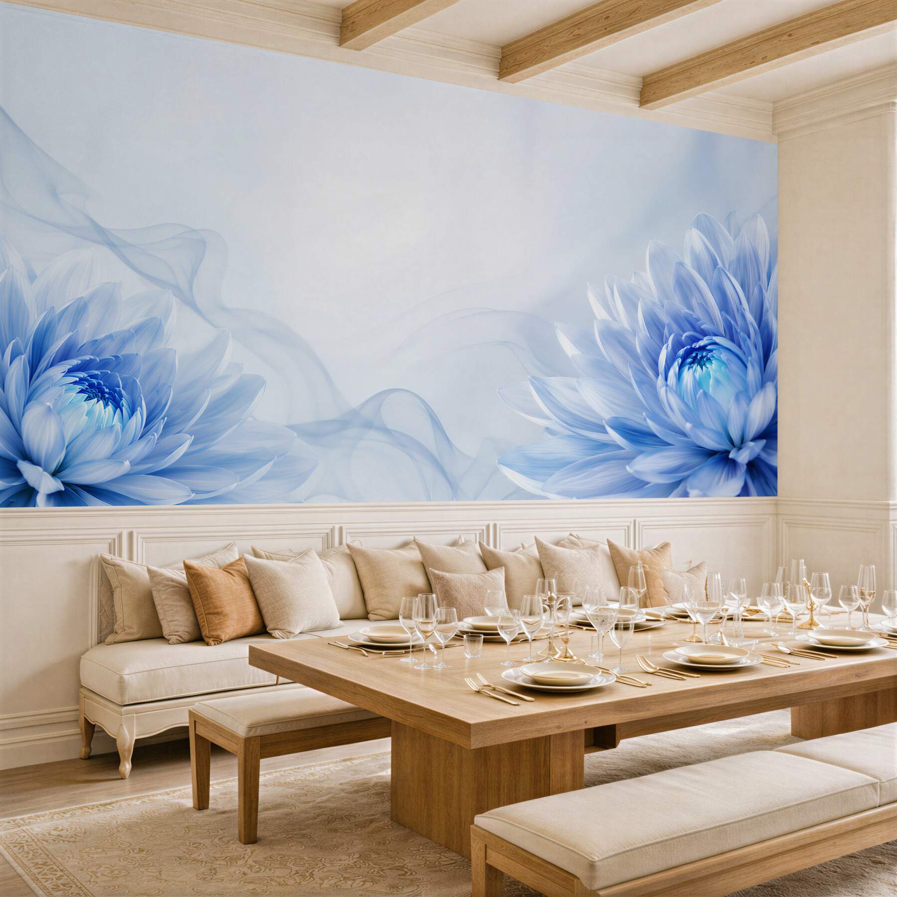 Fotobehang blauwe bloemen op een lichte achtergrond elegante florale abstractie