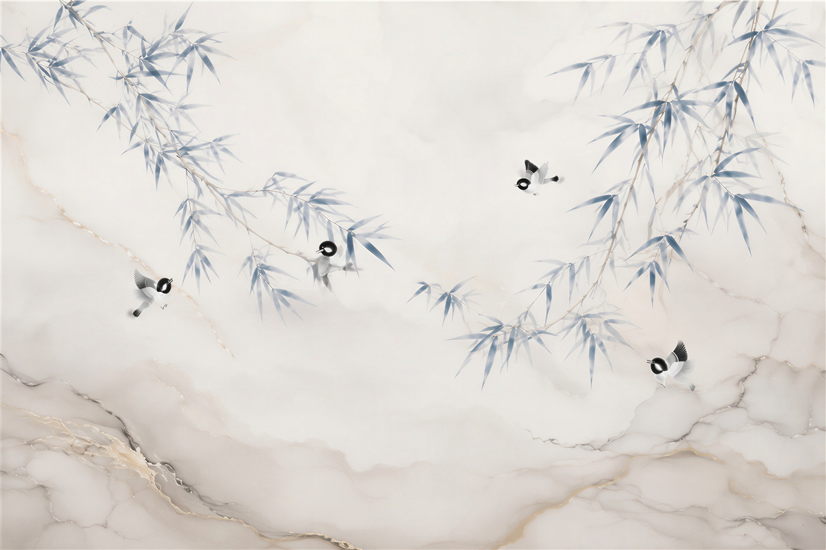 Fotobehang bamboetakken met vogels op een marmeren achtergrond oosters beige-blauw