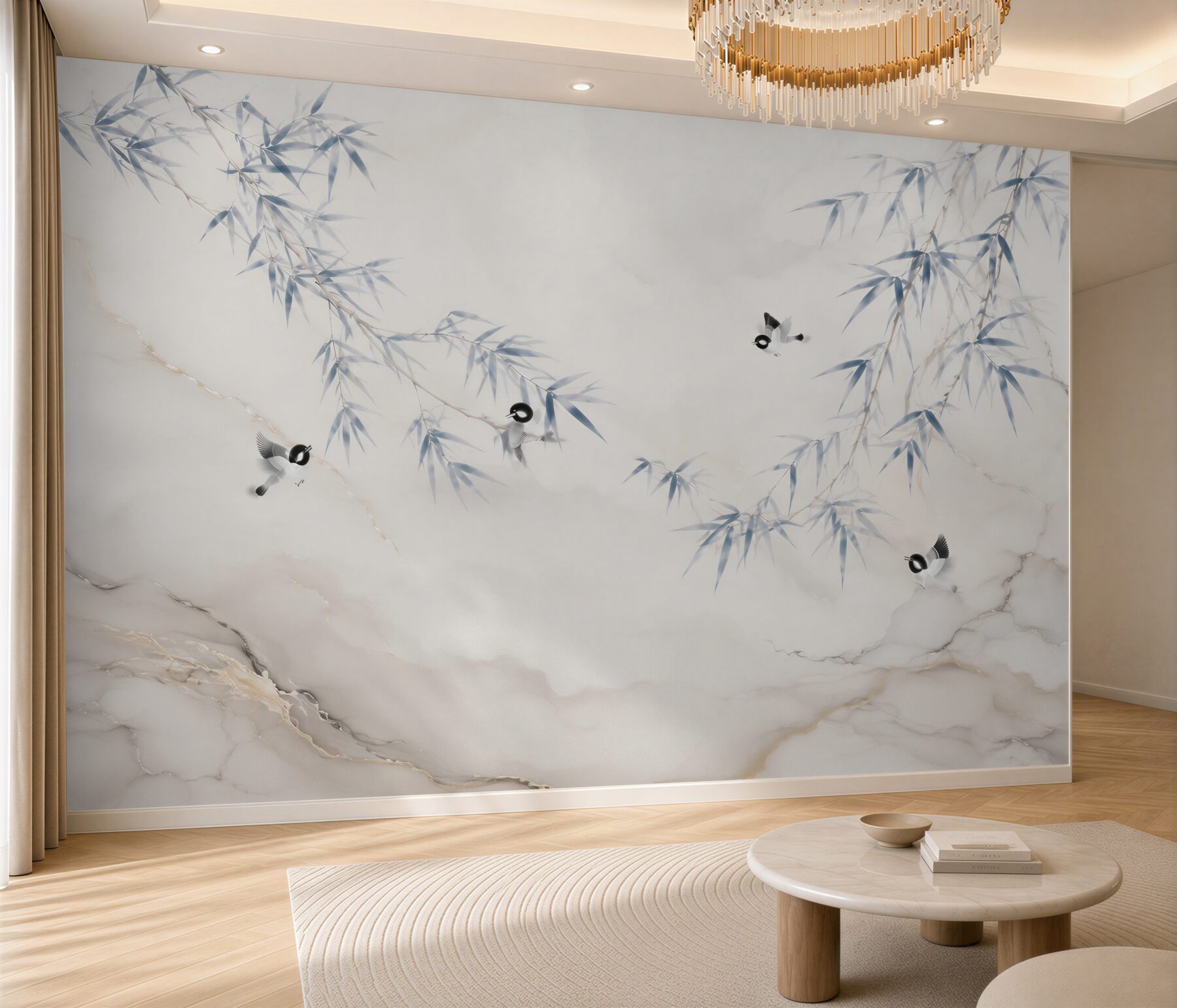 Fotobehang bamboetakken met vogels op een marmeren achtergrond oosters beige-blauw