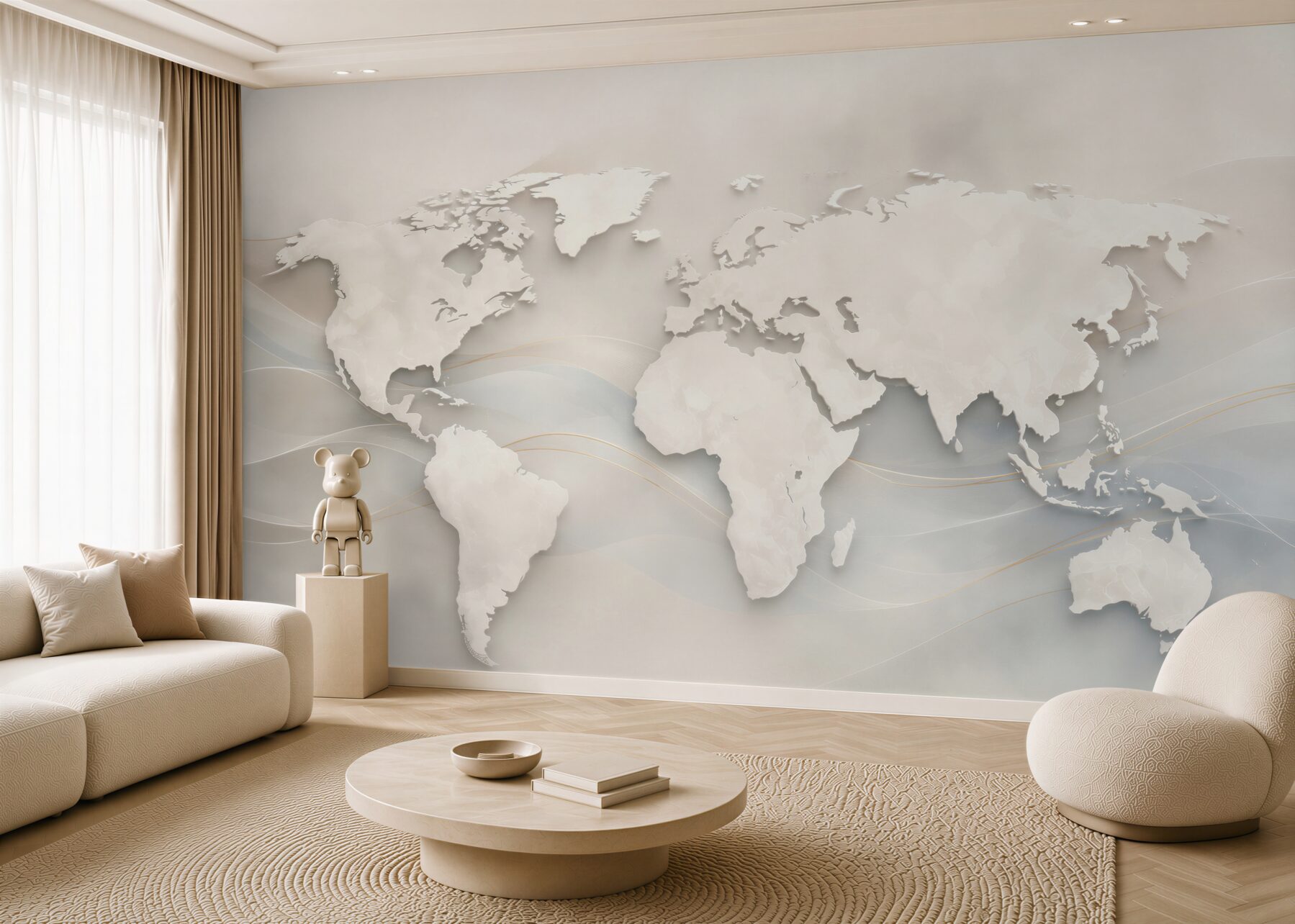 Fotobehang moderne beige wereldkaart 3D voor kantoor en woonkamer