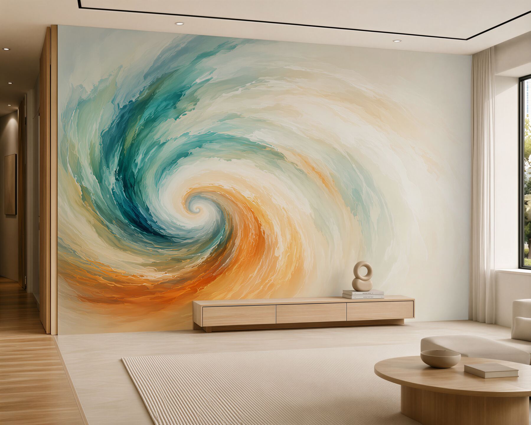 Fotobehang abstracte turquoise en oranje golf modern voor de woonkamer