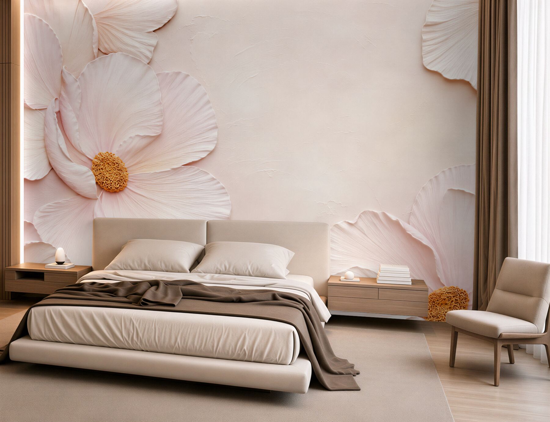 Fotobehang grote poederroze bloemen in 3D elegant
