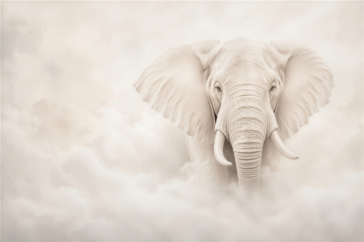 Fotobehang witte olifant in de wolken subtiele elegantie voor de woonkamer
