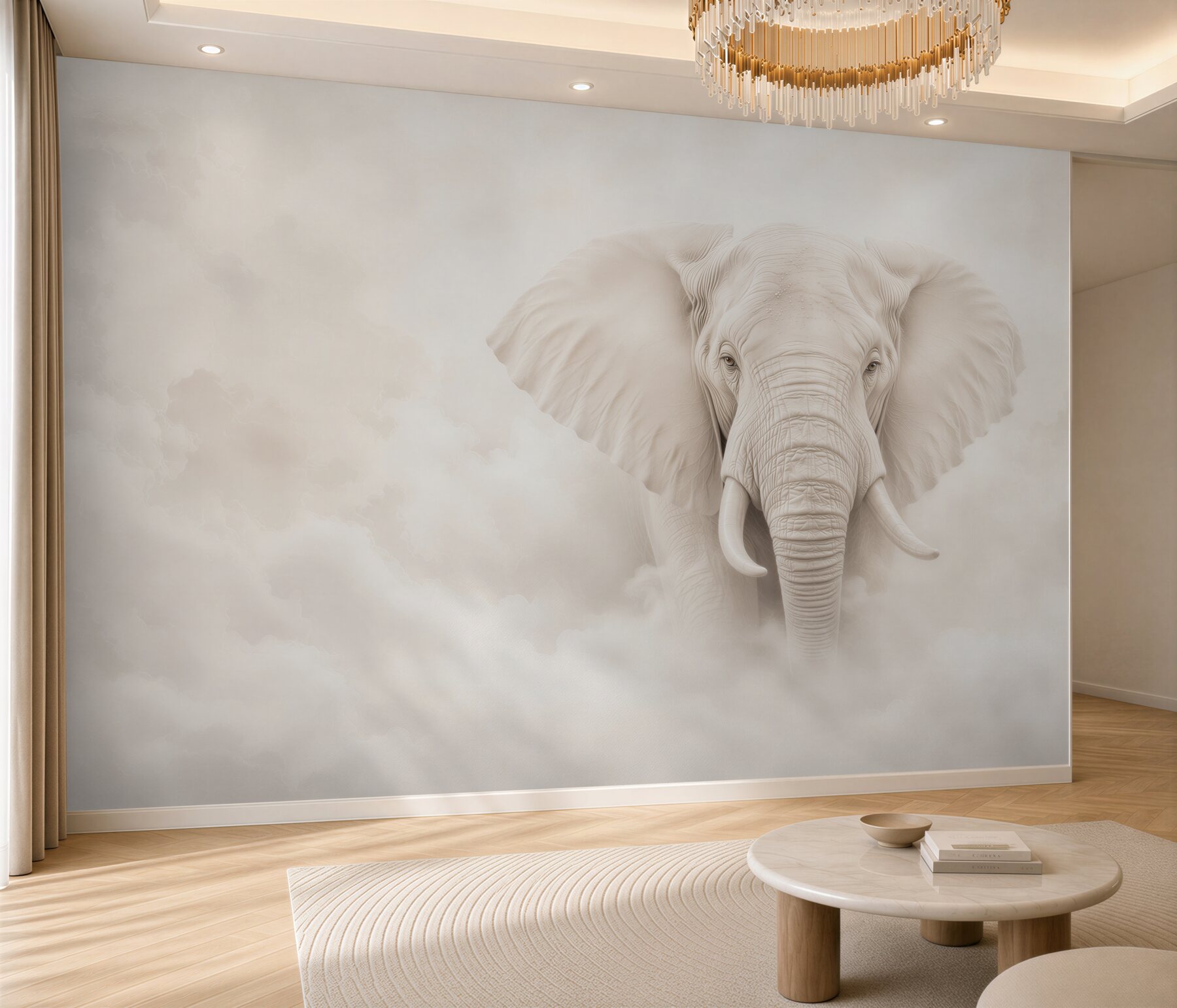 Fotobehang witte olifant in de wolken subtiele elegantie voor de woonkamer