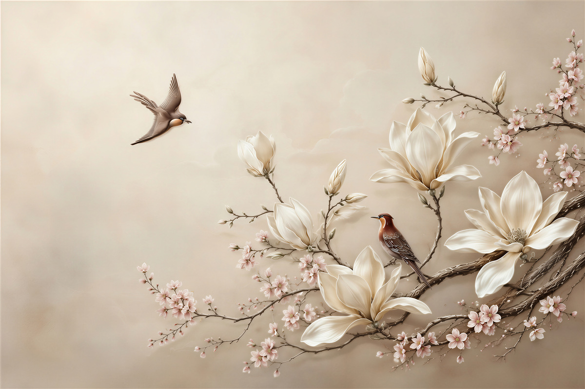 Fotobehang magnolia's en bloeiende takken met vogels in beige pastels