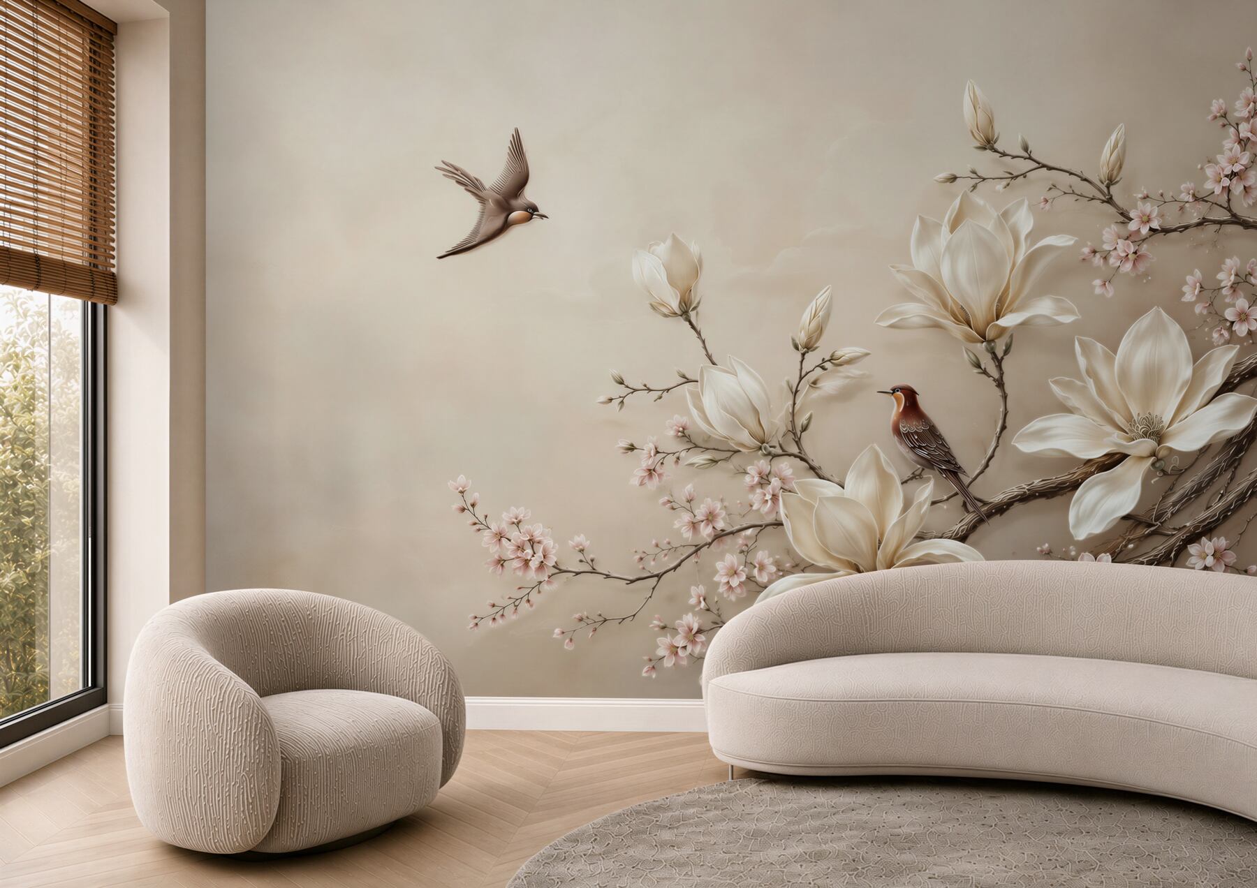 Fotobehang magnolia's en bloeiende takken met vogels in beige pastels