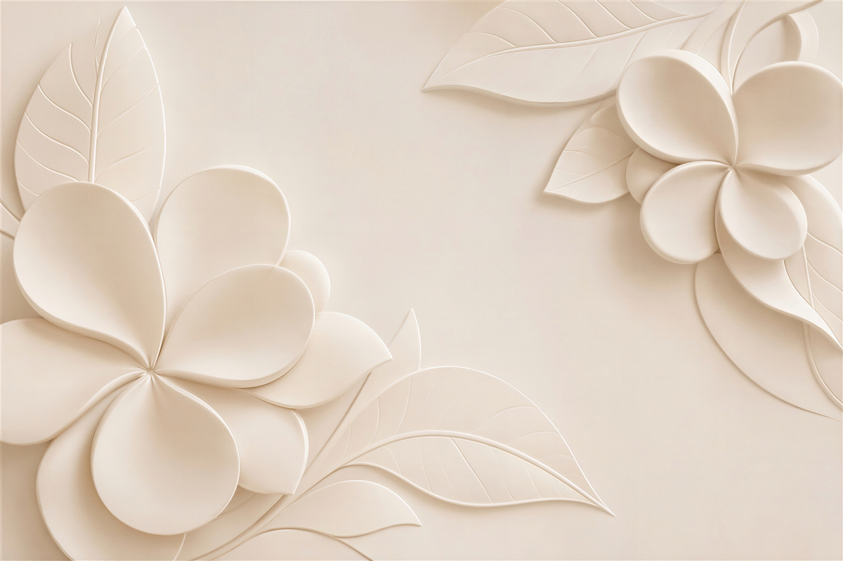 Fotobehang bloemen en bladeren 3D crème minimalistisch voor de slaapkamer