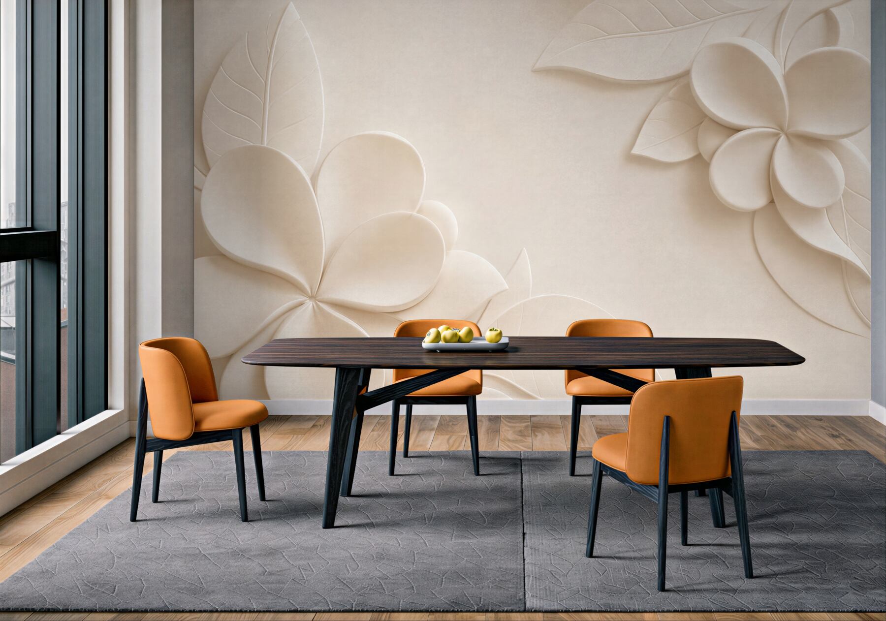 Fotobehang bloemen en bladeren 3D crème minimalistisch voor de slaapkamer