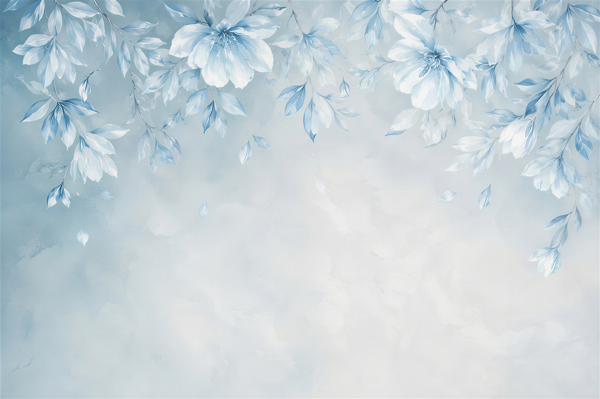 Fotobehang delicate blauwe bloemen en bladeren voor een romantische slaapkamer