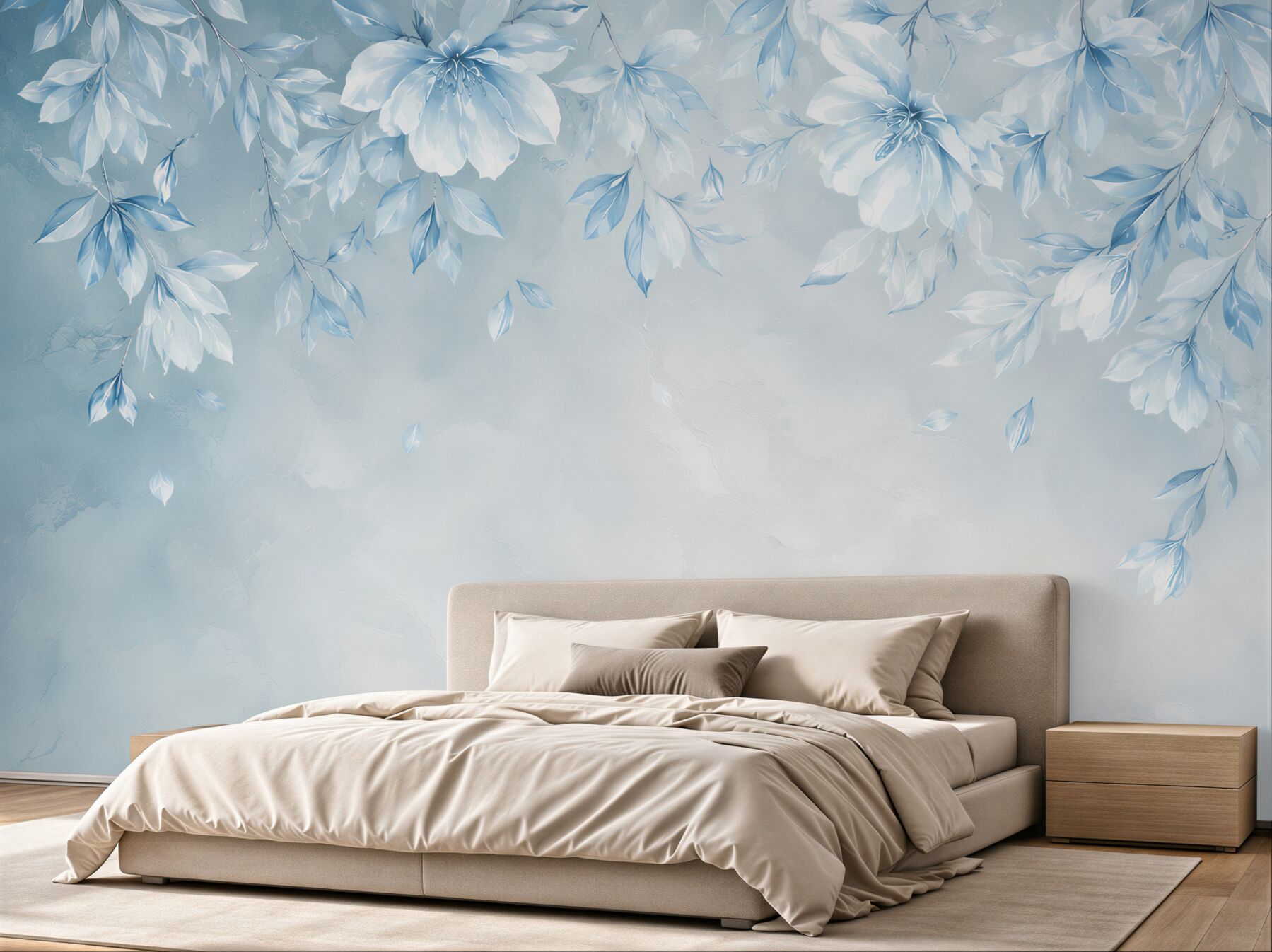 Fotobehang delicate blauwe bloemen en bladeren voor een romantische slaapkamer