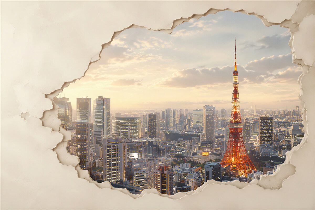Fotobehang panorama van Tokio met toren gebarsten muur effect