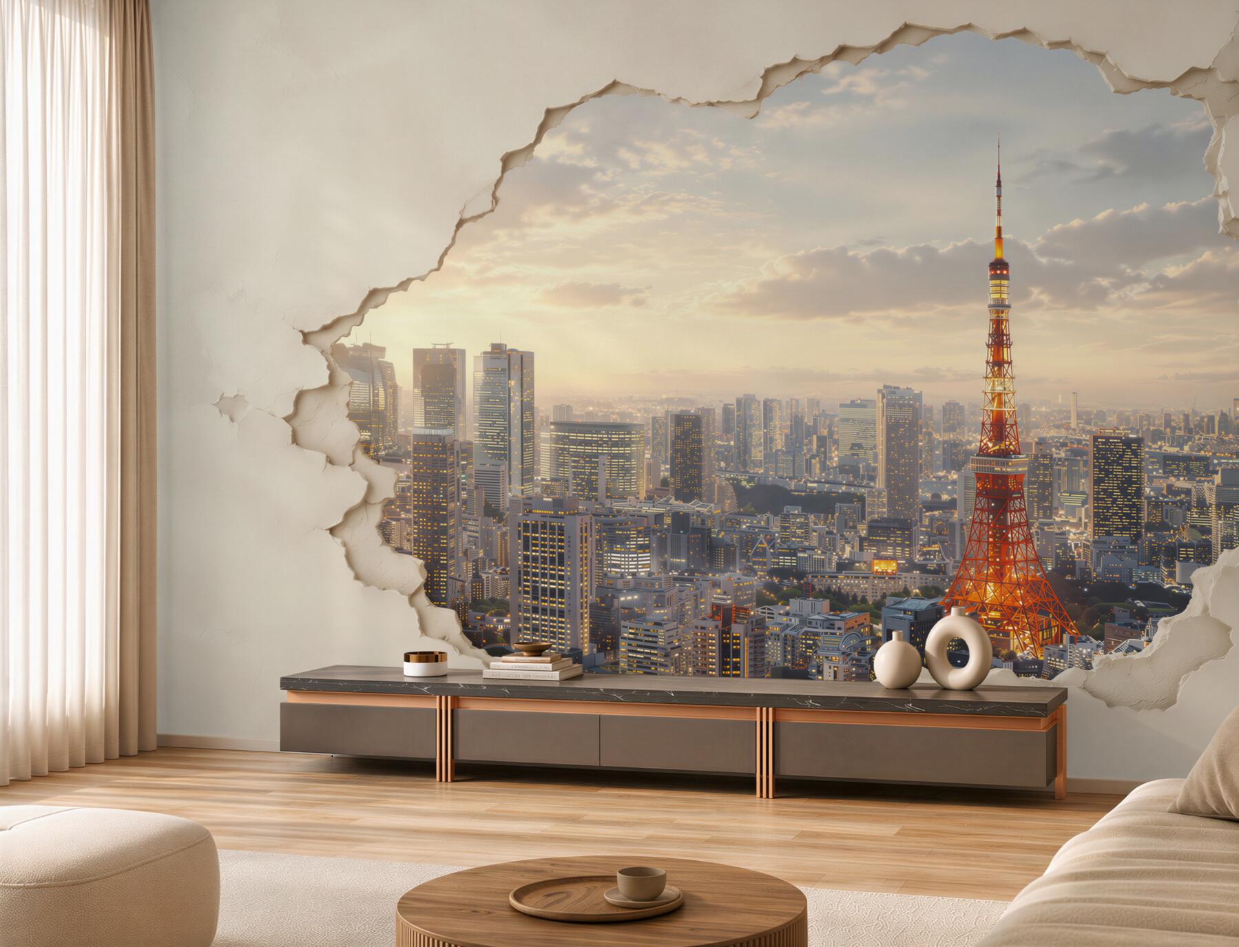 Fotobehang panorama van Tokio met toren gebarsten muur effect