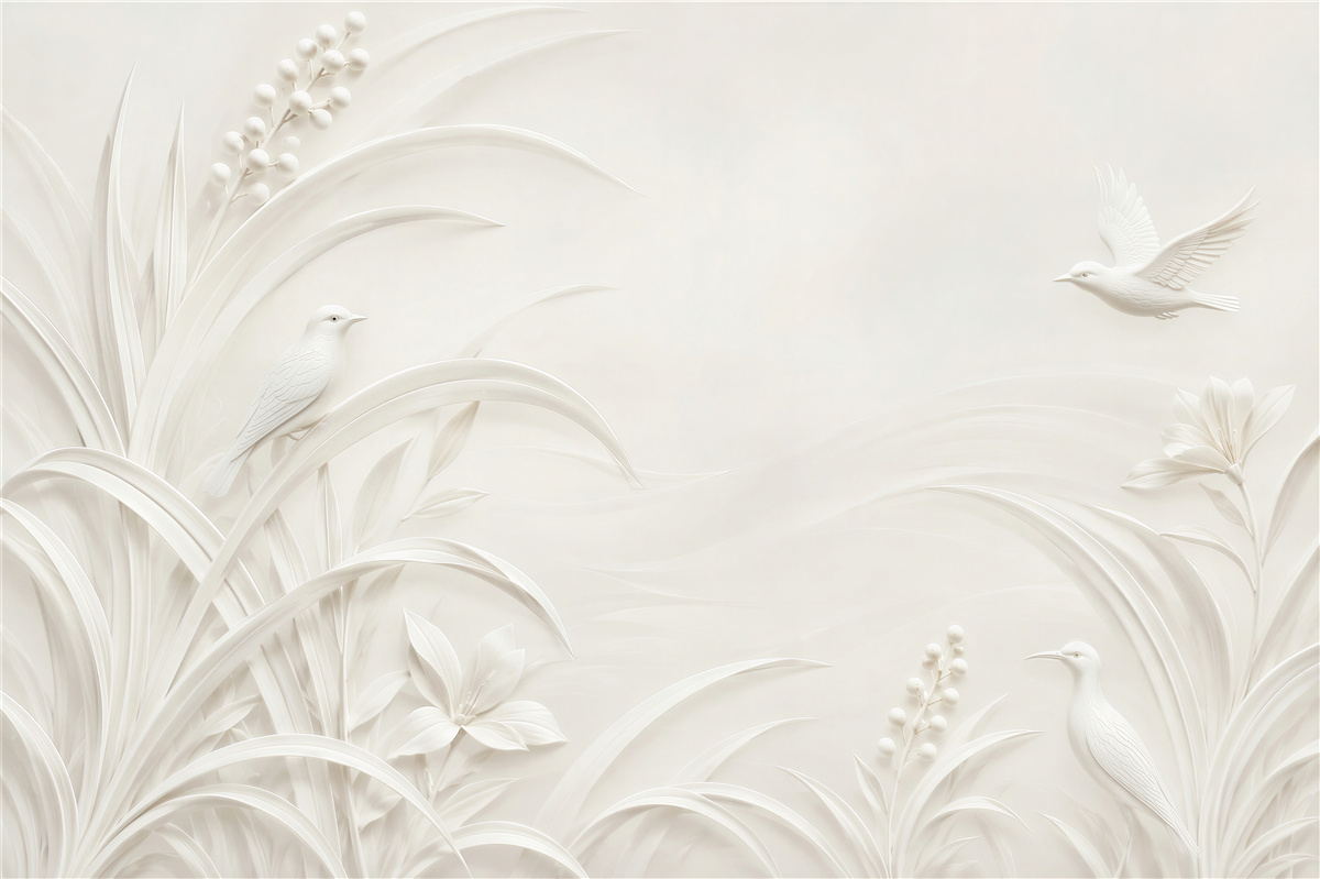 Fotobehang witte vogels en ruimtelijke bloemen op een crèmekleurige achtergrond elegant