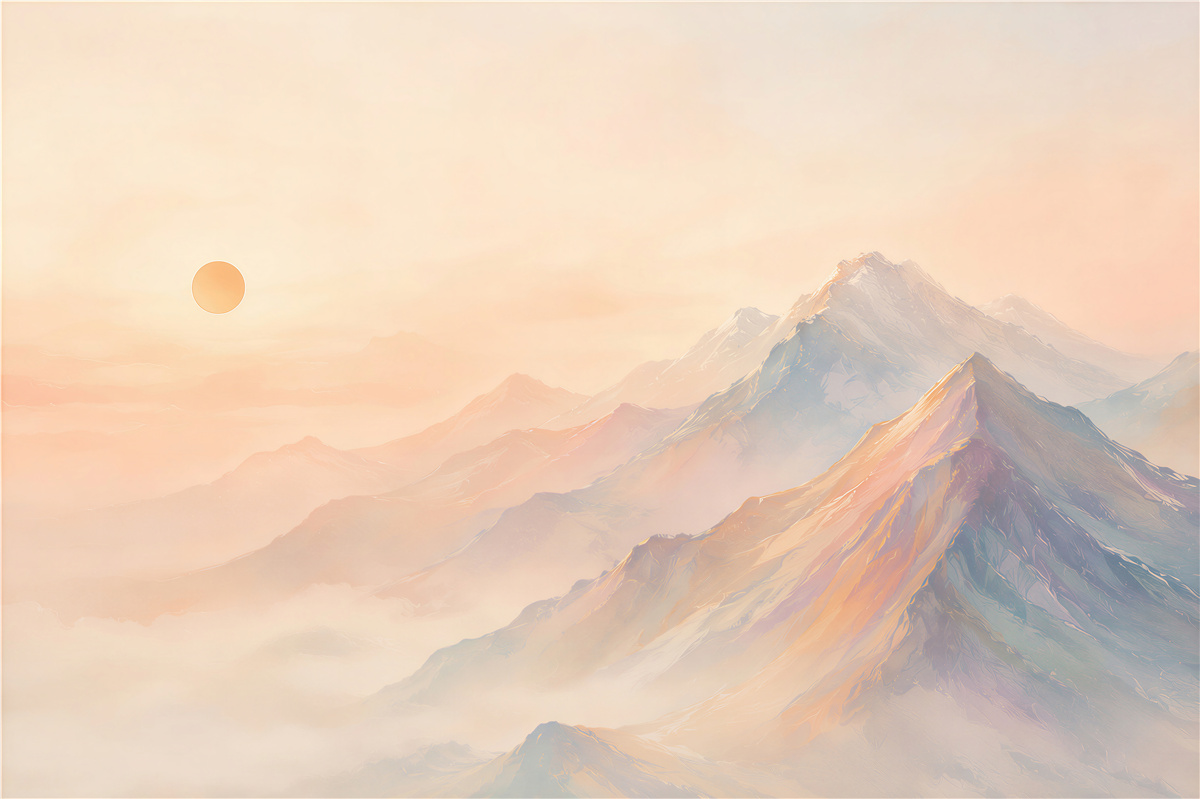 Fotobehang pastel bergen in de mist bij zonsopgang