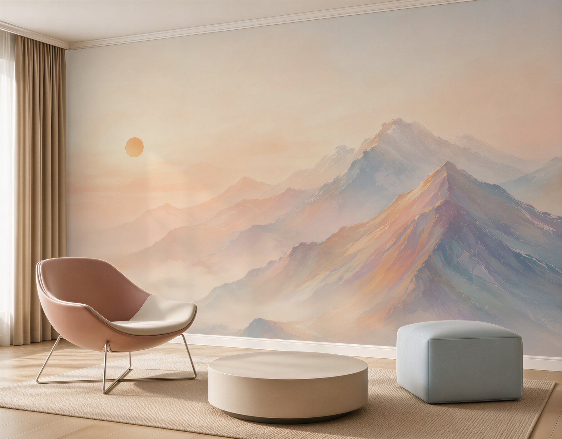 Fotobehang pastel bergen in de mist bij zonsopgang