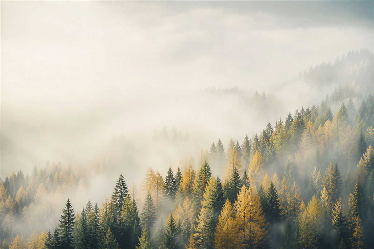 Fotobehang herfstbos in de mist met zonnestralen