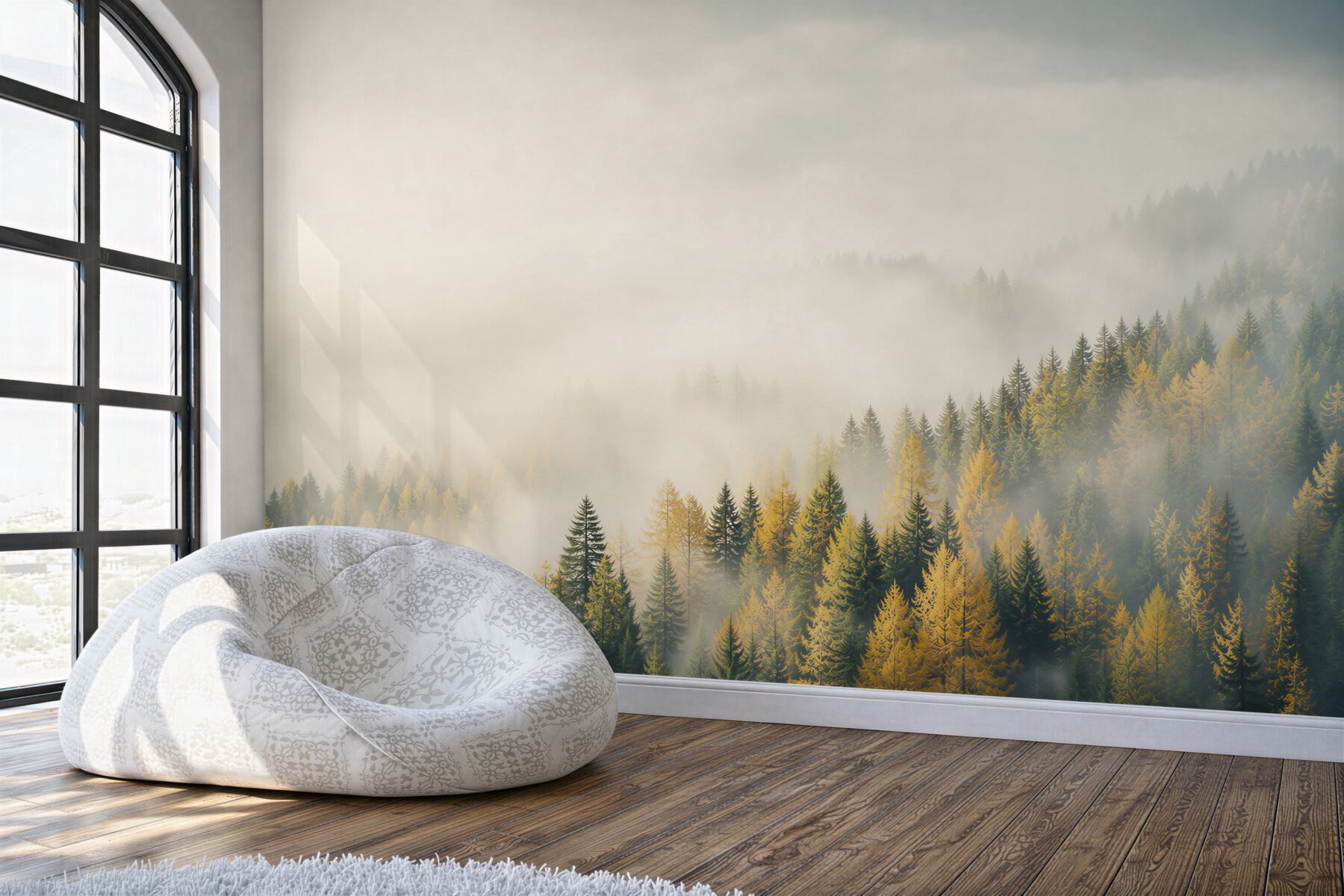 Fotobehang herfstbos in de mist met zonnestralen