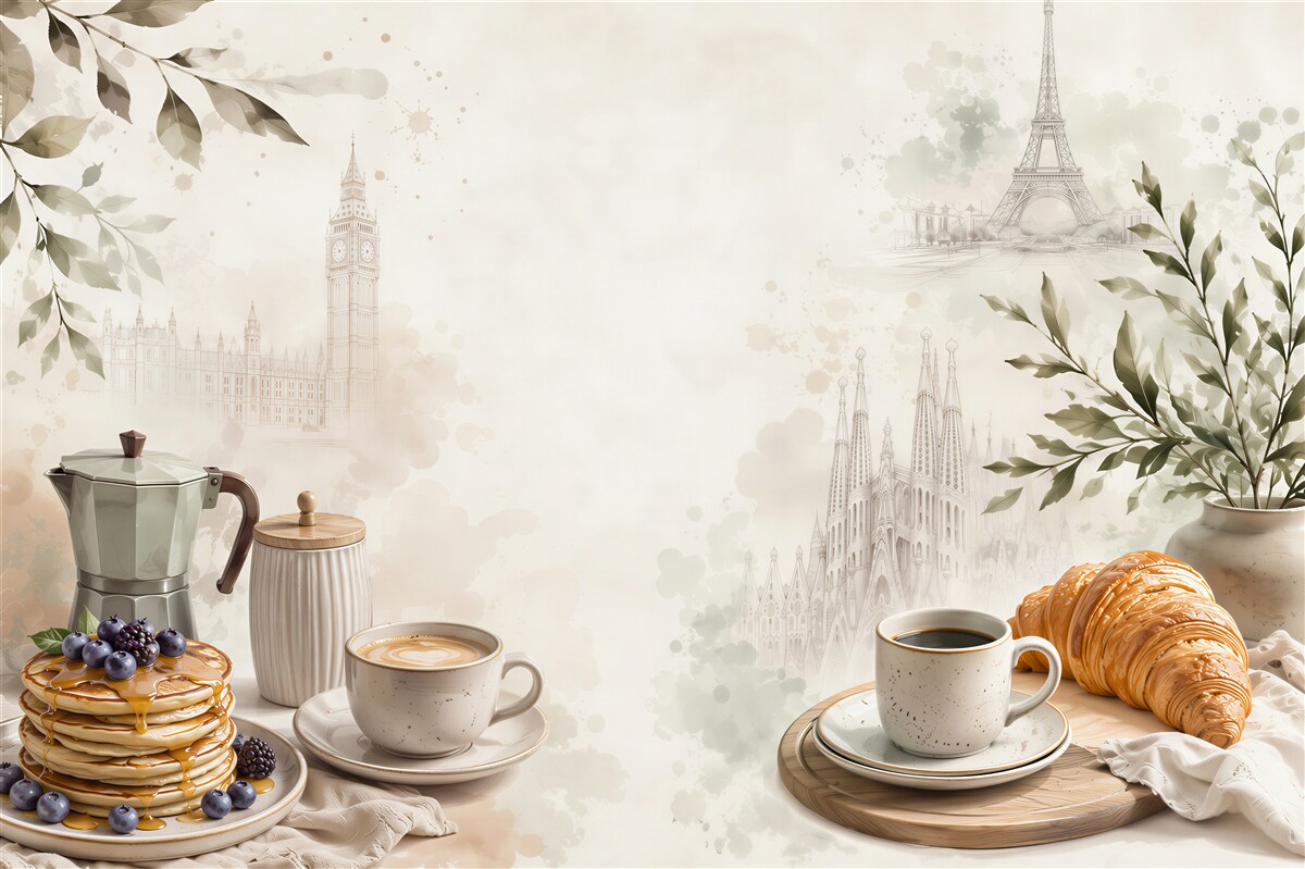 Fotobehang Parijse café met croissant en koffie in beige tinten