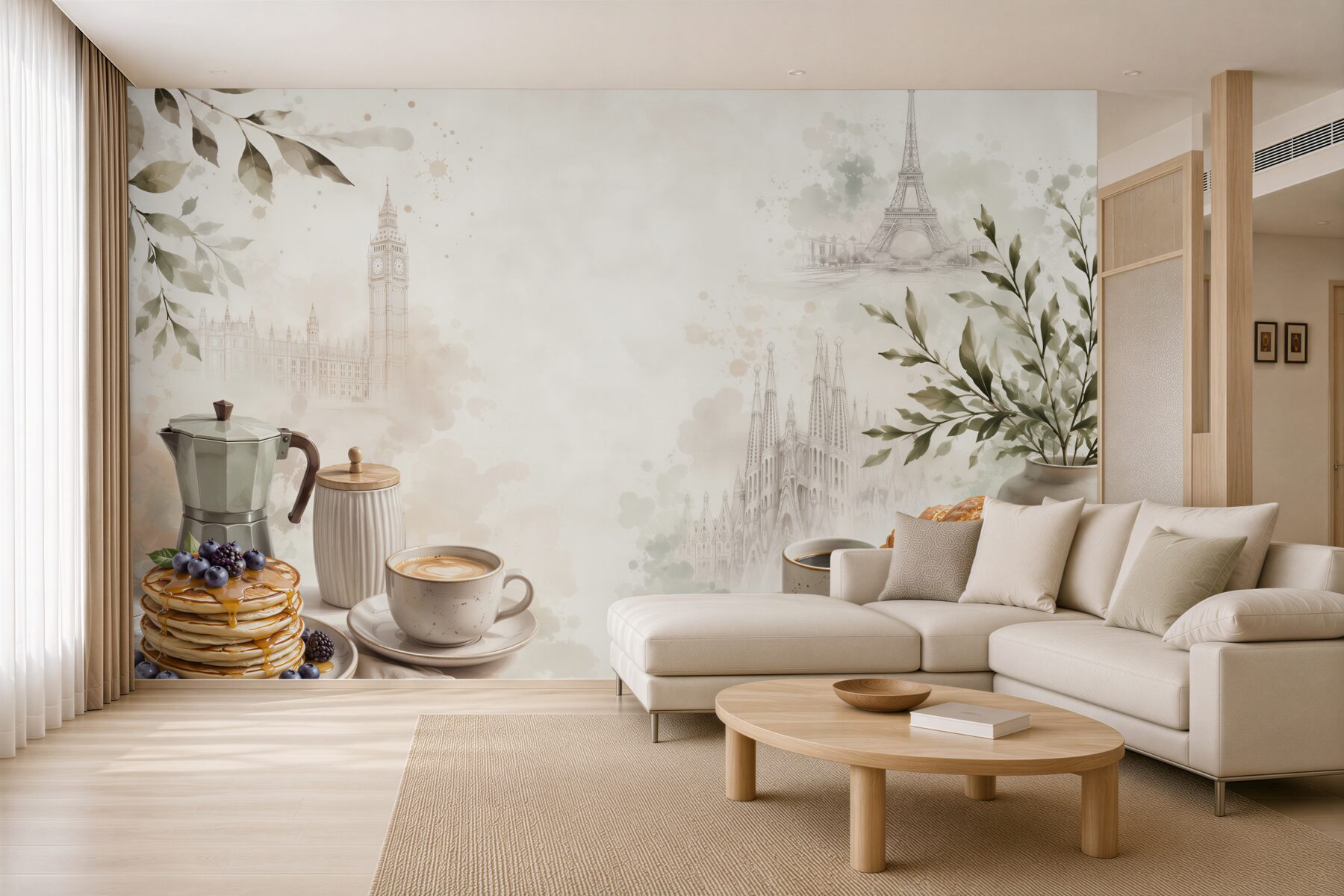 Fotobehang Parijse café met croissant en koffie in beige tinten