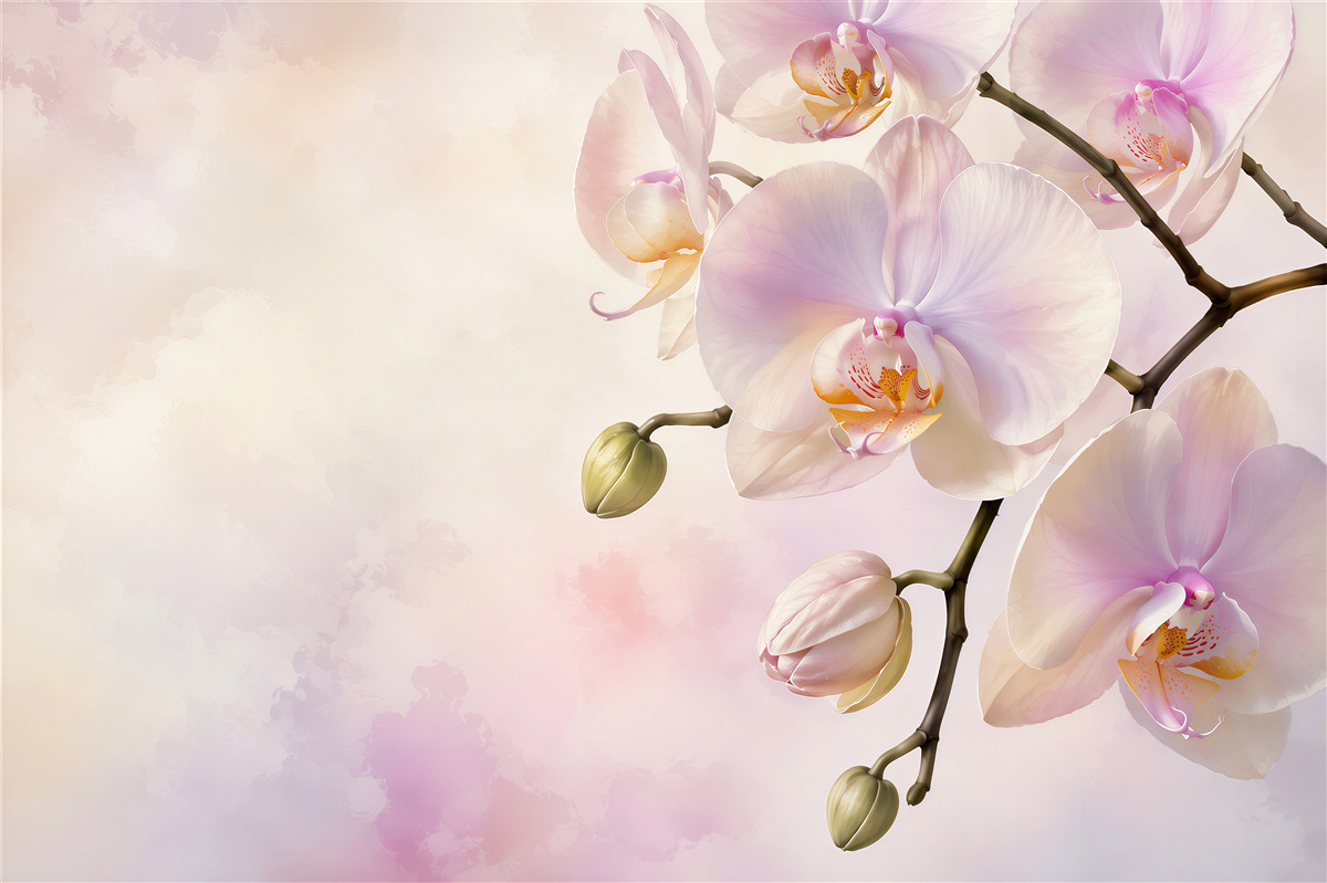 Fotobehang roze orchideeën op lichte achtergrond romantisch voor de slaapkamer