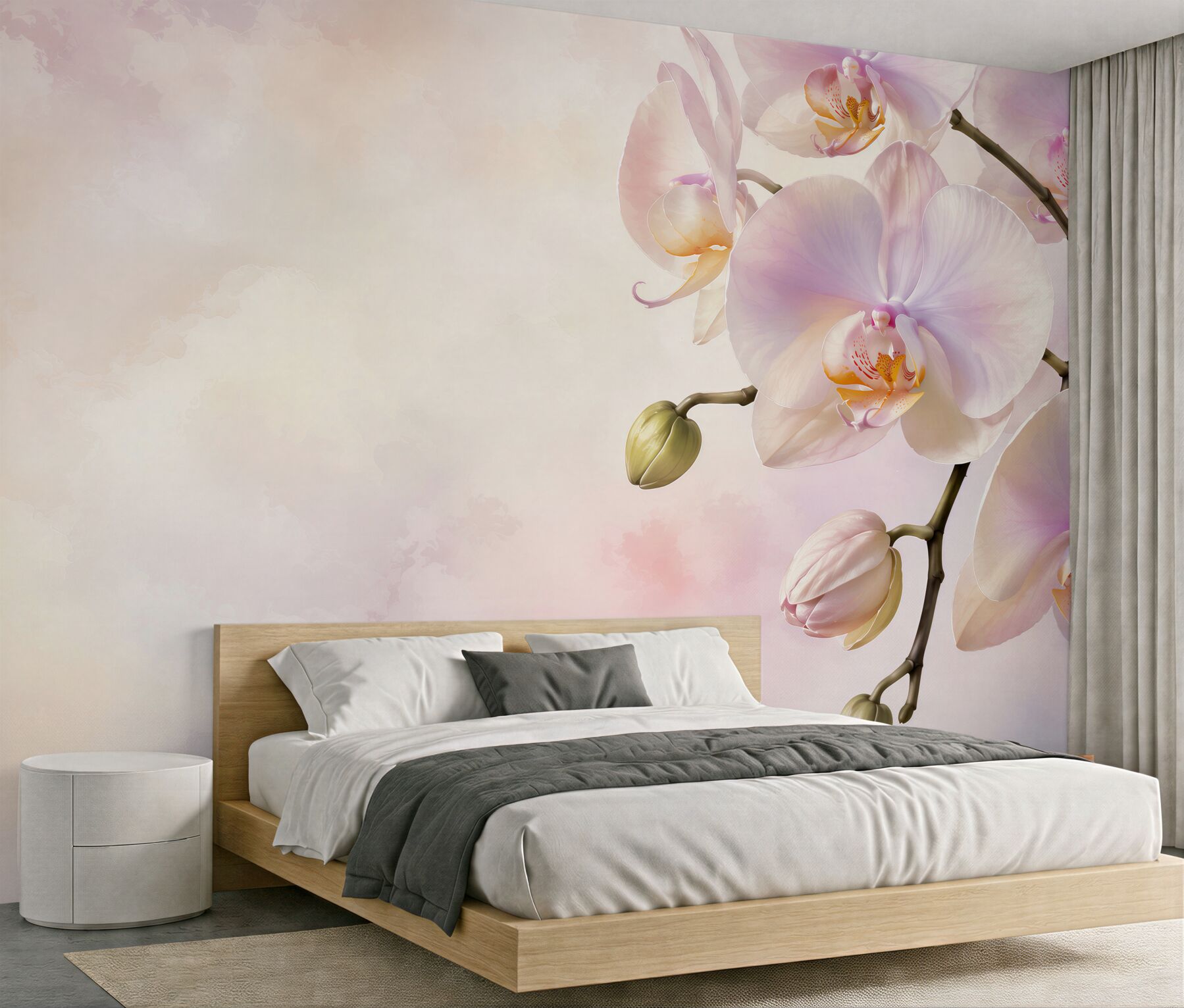 Fotobehang roze orchideeën op lichte achtergrond romantisch voor de slaapkamer